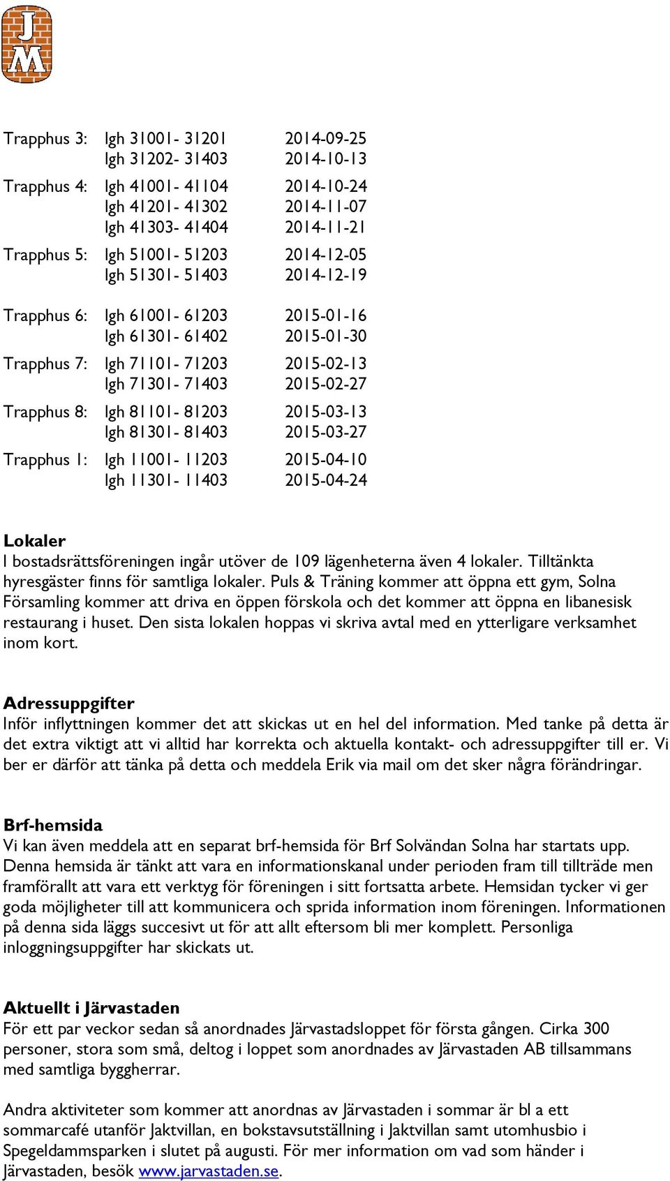 lgh 81301-81403 2015-03-27 Trapphus 1: lgh 11001-11203 2015-04-10 lgh 11301-11403 2015-04-24 Lokaler I bostadsrättsföreningen ingår utöver de 109 lägenheterna även 4 lokaler.