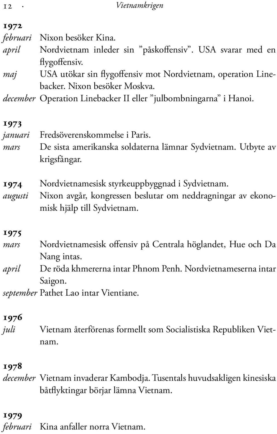 Utbyte av krigsfångar. 1974 Nordvietnamesisk styrkeuppbyggnad i Sydvietnam. augusti Nixon avgår, kongressen beslutar om neddragningar av ekonomisk hjälp till Sydvietnam.