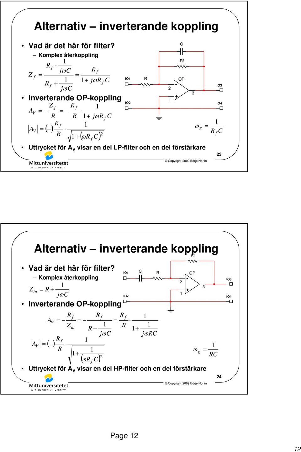 ör A V visar en del LPilter och en del örstärkare  Komplex återkopplg Z jω Inverterande OPkopplg A V A V