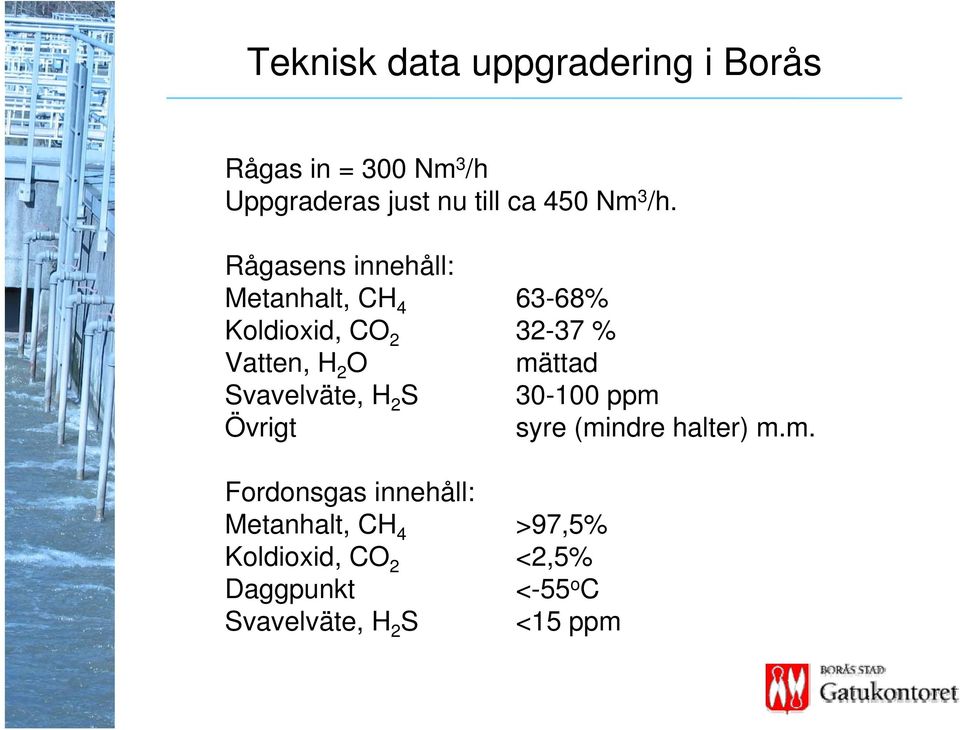 Rågasens innehåll: Metanhalt, CH 4 63-68% Koldioxid, CO 2 32-37 % Vatten, H 2 O mättad