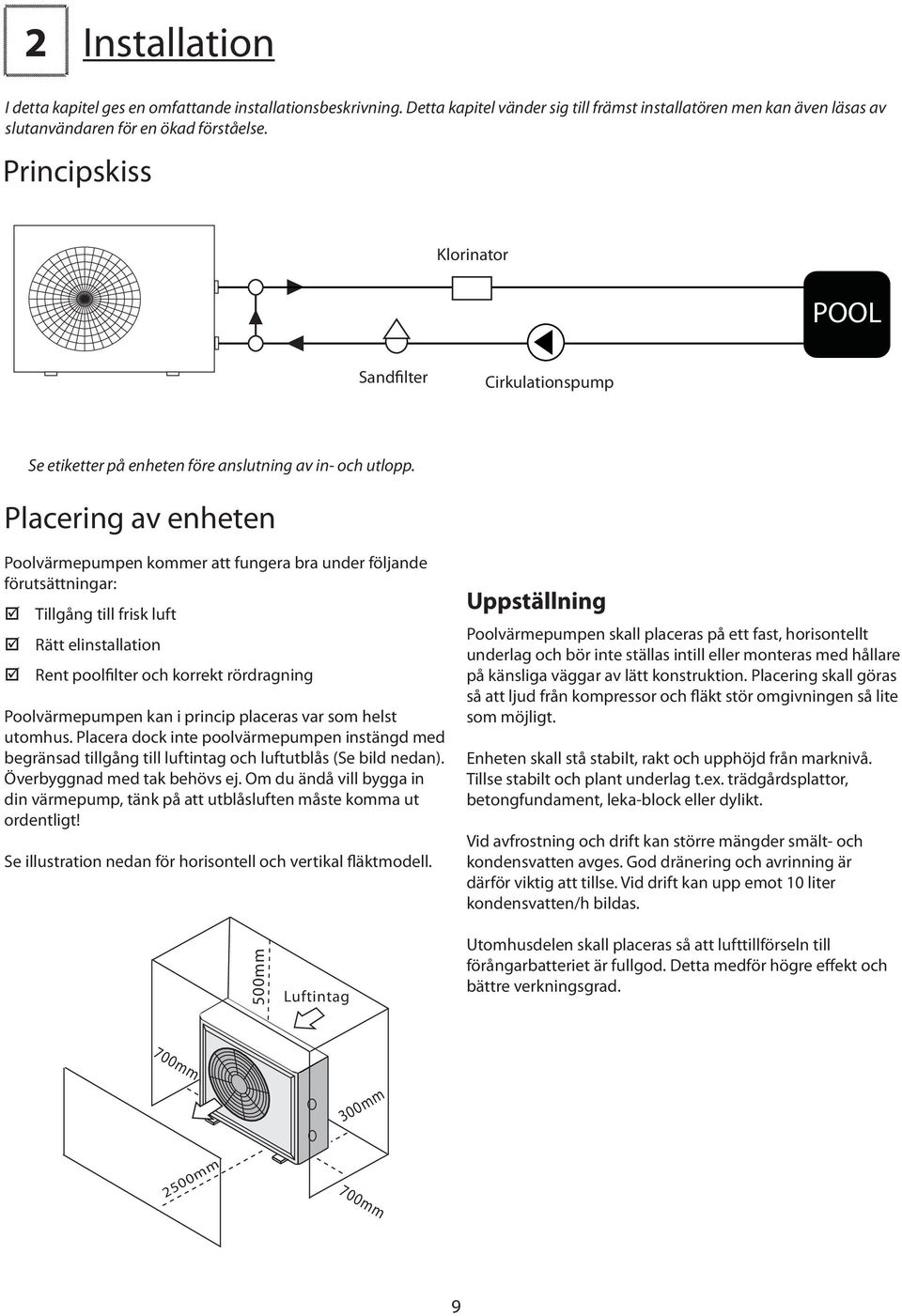 Placering av enheten Poolvärmepumpen kommer att fungera bra under följande förutsättningar: ;; ;; ;; Tillgång till frisk luft Rätt elinstallation Rent poolfilter och korrekt rördragning