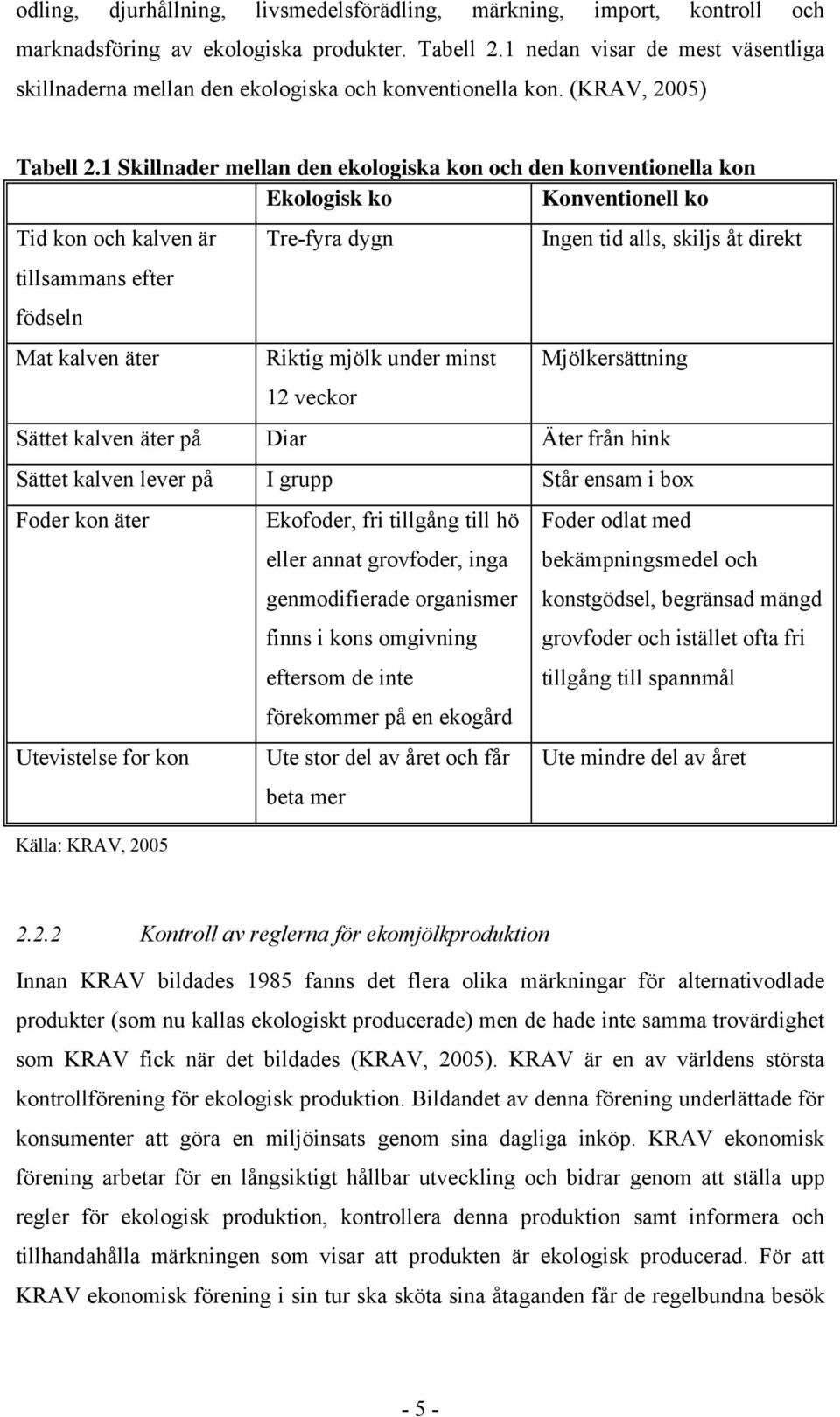 1 Skillnader mellan den ekologiska kon och den konventionella kon Ekologisk ko Konventionell ko Tid kon och kalven är tillsammans efter födseln Mat kalven äter Tre-fyra dygn Riktig mjölk under minst