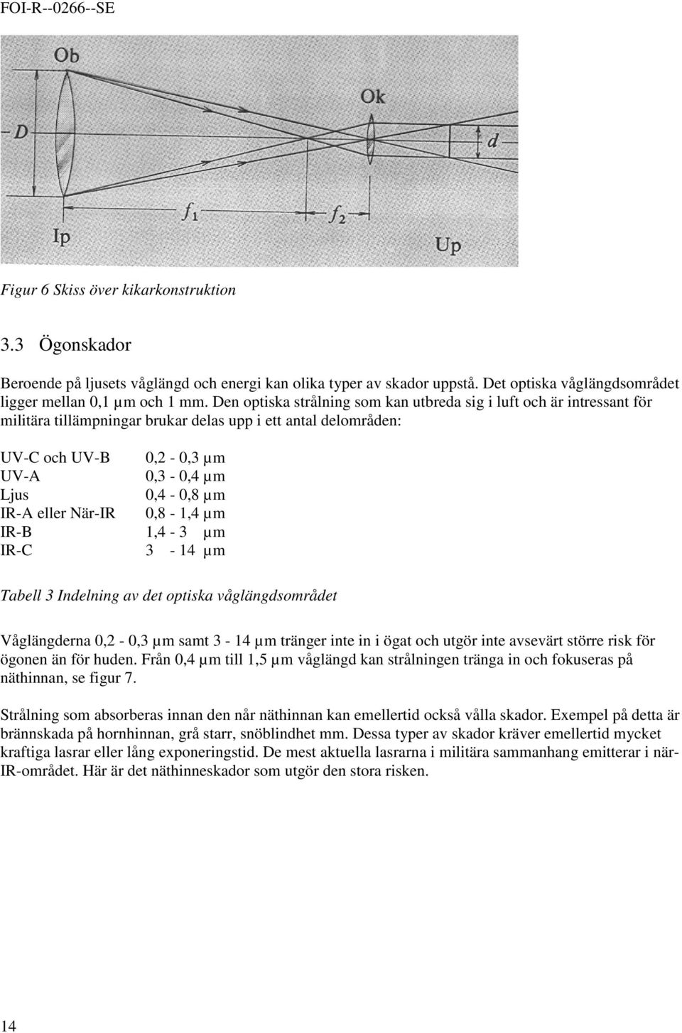 eller När-IR 0,8-1,4 µm IR-B 1,4-3 µm IR-C 3-14 µm Tabell 3 Indelning av det optiska våglängdsområdet Våglängderna 0,2-0,3 µm samt 3-14 µm tränger inte in i ögat och utgör inte avsevärt större risk