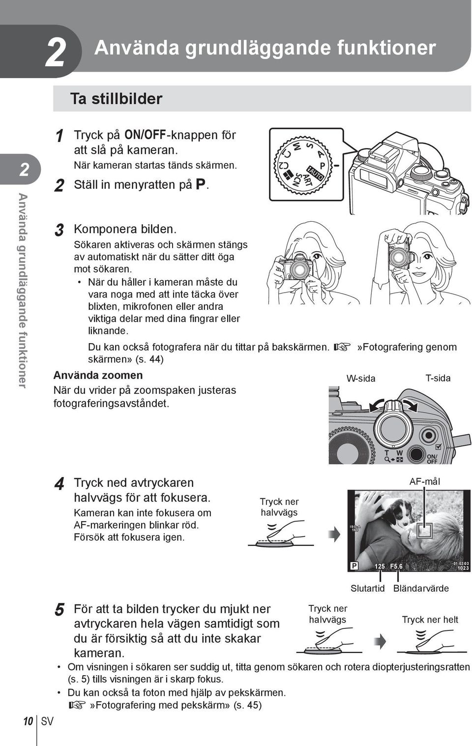 När du håller i kameran måste du vara noga med att inte täcka över blixten, mikrofonen eller andra viktiga delar med dina fingrar eller liknande. Du kan också fotografera när du tittar på bakskärmen.