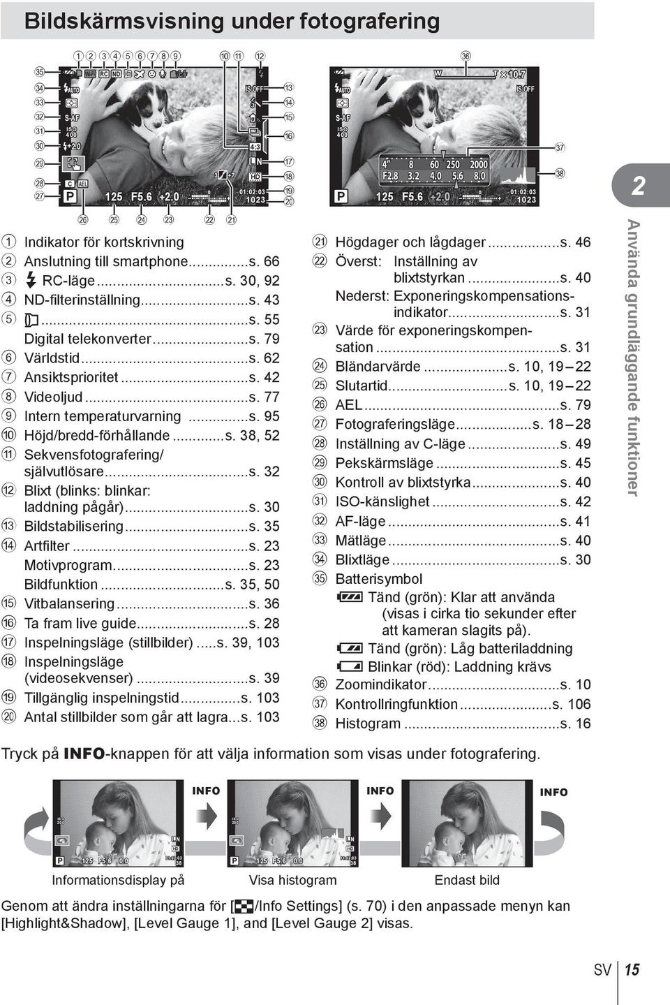 ..s. 79 6 Världstid...s. 62 7 Ansiktsprioritet...s. 42 8 Videoljud...s. 77 9 Intern temperaturvarning...s. 95 0 Höjd/bredd-förhållande...s. 38, 52 a Sekvensfotografering/ självutlösare...s. 32 b Blixt (blinks: blinkar: laddning pågår).