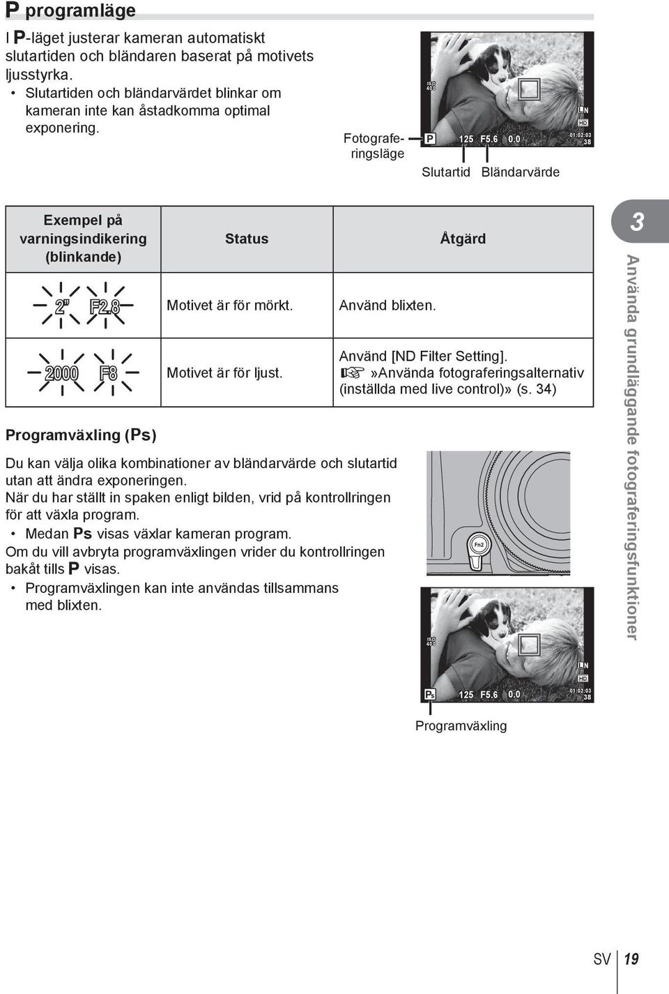 2000 F8 Programväxling (%) Motivet är för ljust. Du kan välja olika kombinationer av bländarvärde och slutartid utan att ändra exponeringen.