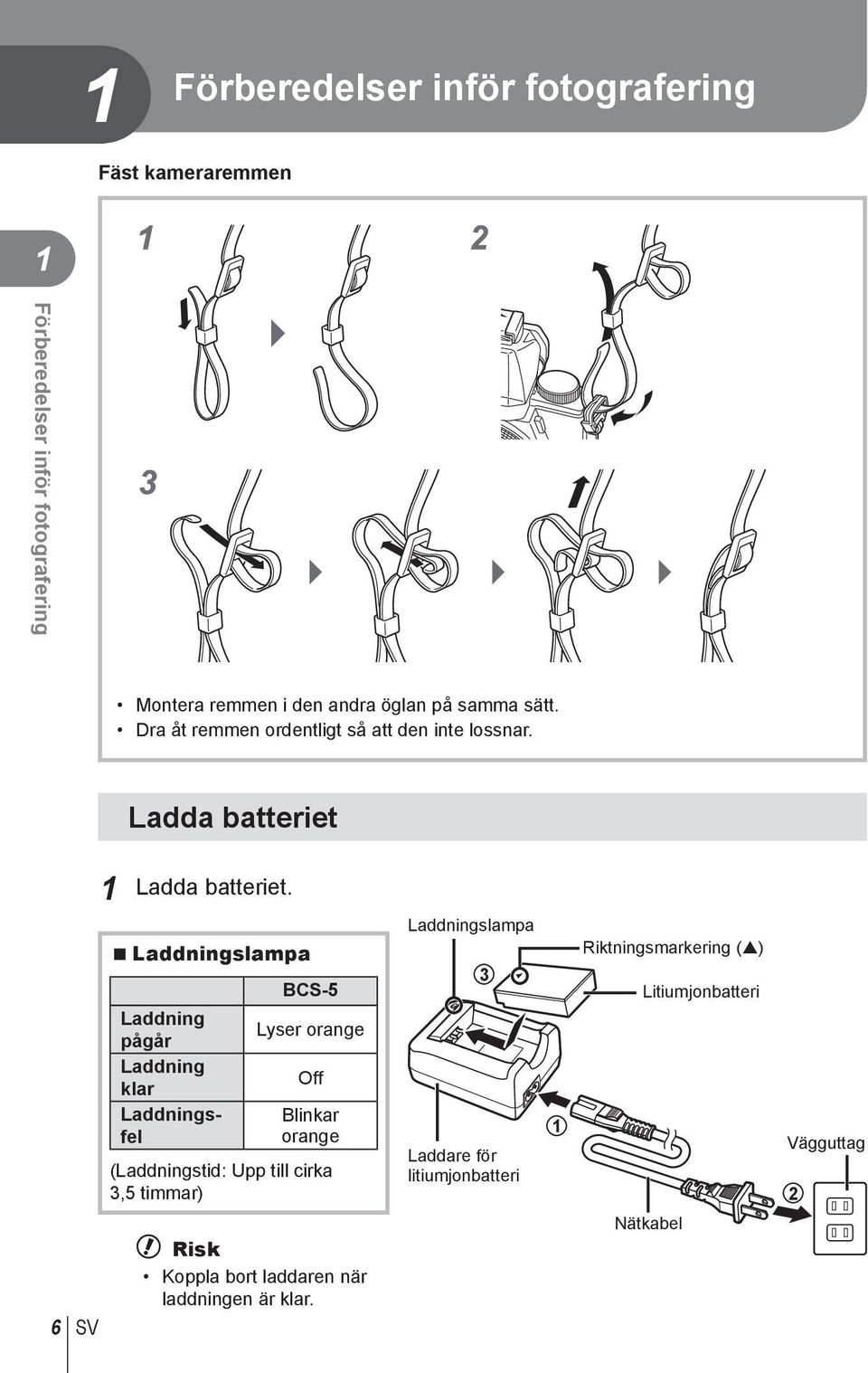 6 SV Laddningslampa Laddning pågår Laddning klar Laddningsfel BCS-5 Lyser orange Off Blinkar orange (Laddningstid: Upp till cirka