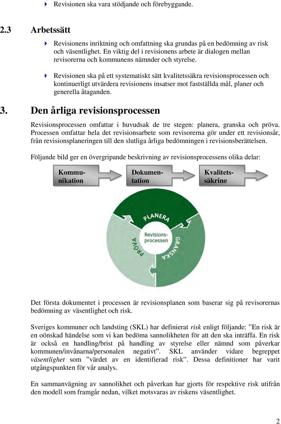 Revisionen ska på ett systematiskt sätt kvalitetssäkra revisionsprocessen och kontinuerligt utvärdera revisionens insatser mot fastställda mål, planer och generella åtaganden. 3.