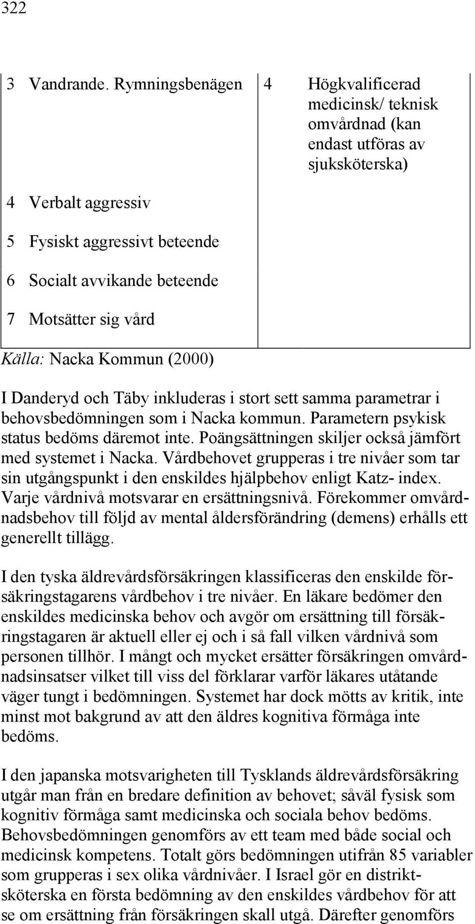 vård Källa: Nacka Kommun (2000) I Danderyd och Täby inkluderas i stort sett samma parametrar i behovsbedömningen som i Nacka kommun. Parametern psykisk status bedöms däremot inte.