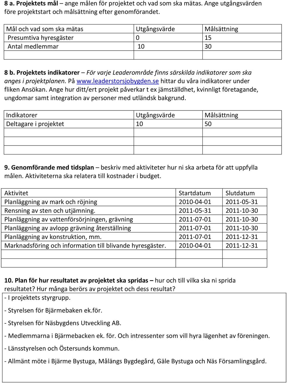 Projektets indikatorer För varje Leaderområde finns särskilda indikatorer som ska anges i projektplanen. På www.leaderstorsjobygden.se hittar du våra indikatorer under fliken Ansökan.