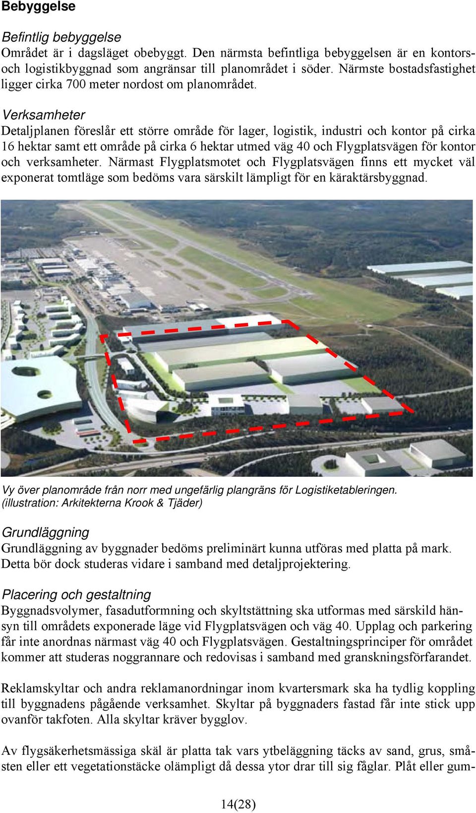 Verksamheter Detaljplanen föreslår ett större område för lager, logistik, industri och kontor på cirka 16 hektar samt ett område på cirka 6 hektar utmed väg 40 och Flygplatsvägen för kontor och