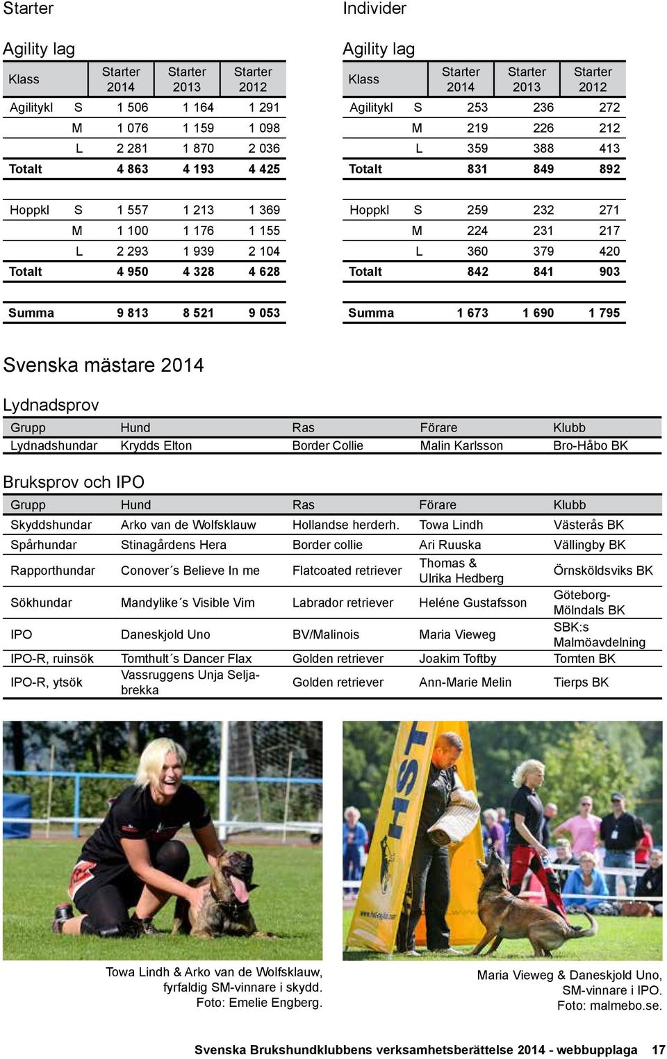 9 813 8 521 9 053 Summa 1 673 1 690 1 795 Svenska mästare 2014 Lydnadsprov Grupp Hund Ras Förare Klubb Lydnadshundar Krydds Elton Border Collie Malin Karlsson Bro-Håbo BK Bruksprov och IPO Grupp Hund