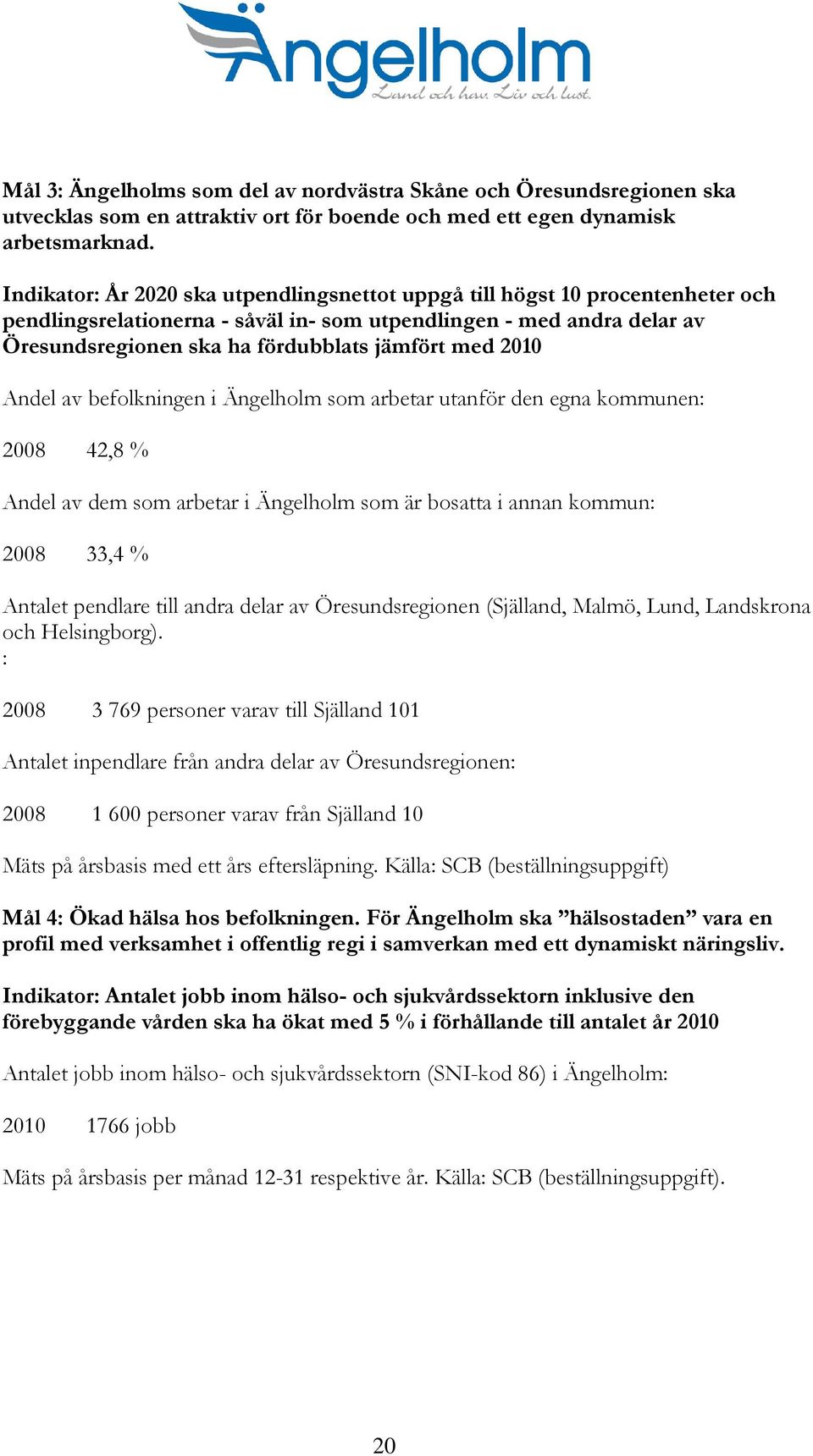 2010 Andel av befolkningen i Ängelholm som arbetar utanför den egna kommunen: 2008 42,8 % Andel av dem som arbetar i Ängelholm som är bosatta i annan kommun: 2008 33,4 % Antalet pendlare till andra