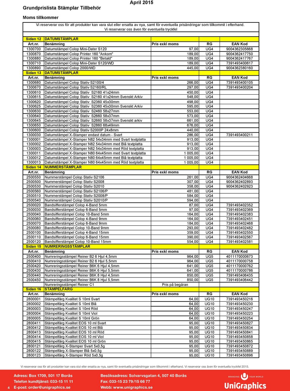 Datumstämpel Colop Stativ S2100/4 266,00 UG4 7391493400105 1300670 Datumstämpel Colop Stativ S2160/RL 297,00 UG4 7391493400204 1300610 Datumstämpel Colop Stativ S2160 41x24mm 450,00 UG4 1300615