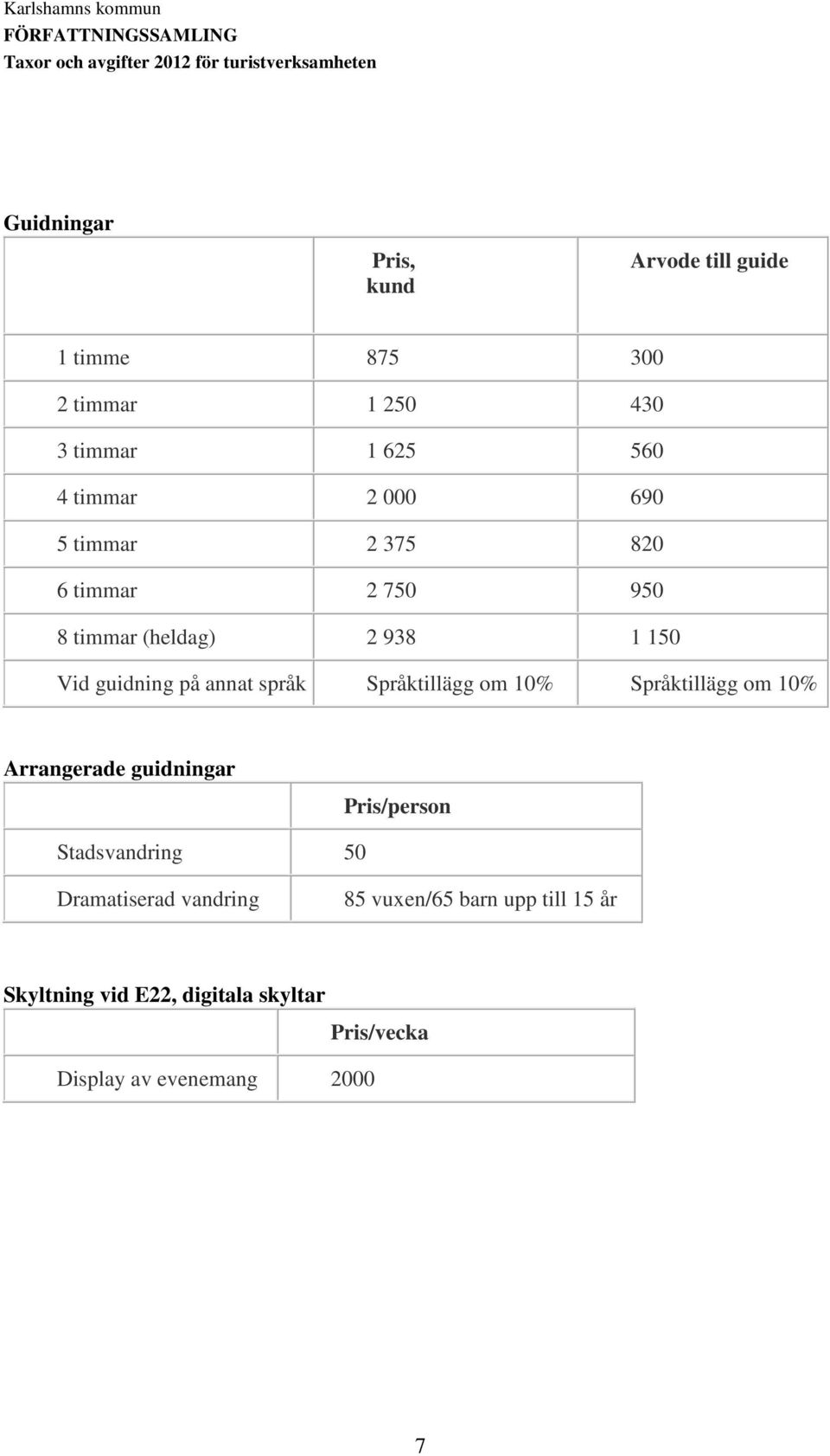 Språktillägg om 10% Språktillägg om 10% Arrangerade guidningar Stadsvandring 50 /person Dramatiserad