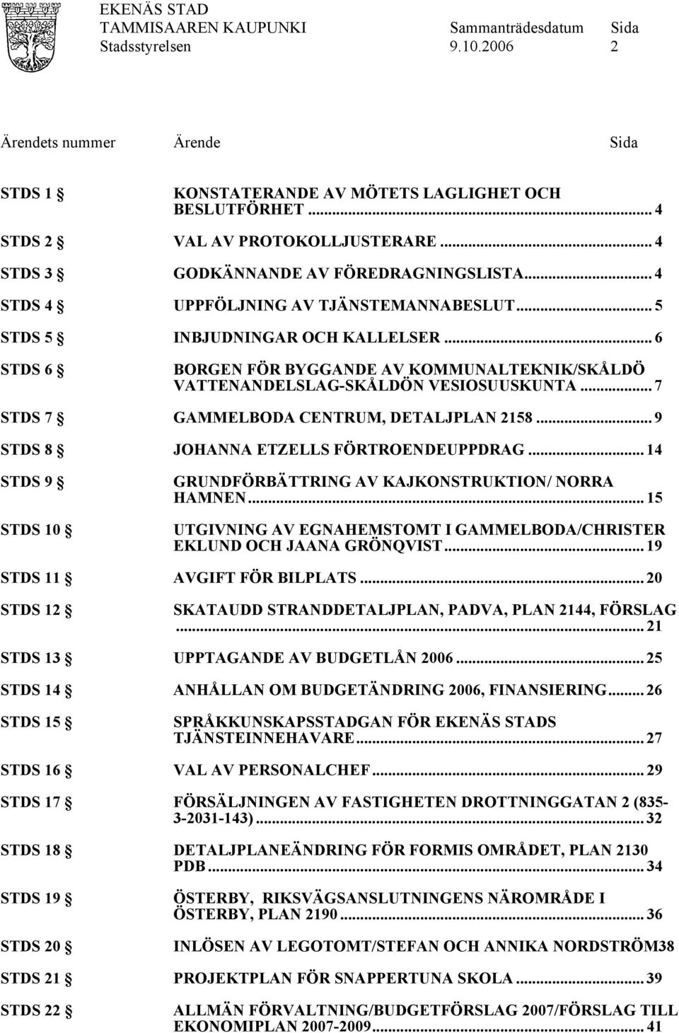 .. 7 STDS 7 GAMMELBODA CENTRUM, DETALJPLAN 2158... 9 STDS 8 JOHANNA ETZELLS FÖRTROENDEUPPDRAG... 14 STDS 9 STDS 10 GRUNDFÖRBÄTTRING AV KAJKONSTRUKTION/ NORRA HAMNEN.