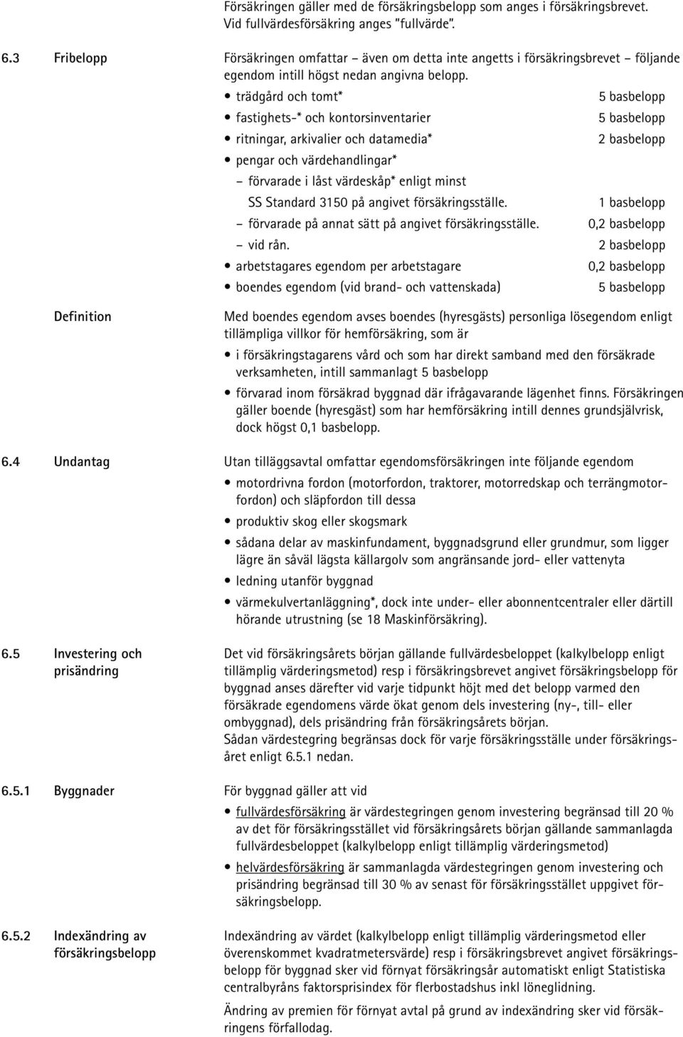 trädgård och tomt* 5 basbelopp fastighets-* och kontorsinventarier 5 basbelopp ritningar, arkivalier och datamedia* 2 basbelopp pengar och värdehandlingar* förvarade i låst värdeskåp* enligt minst SS