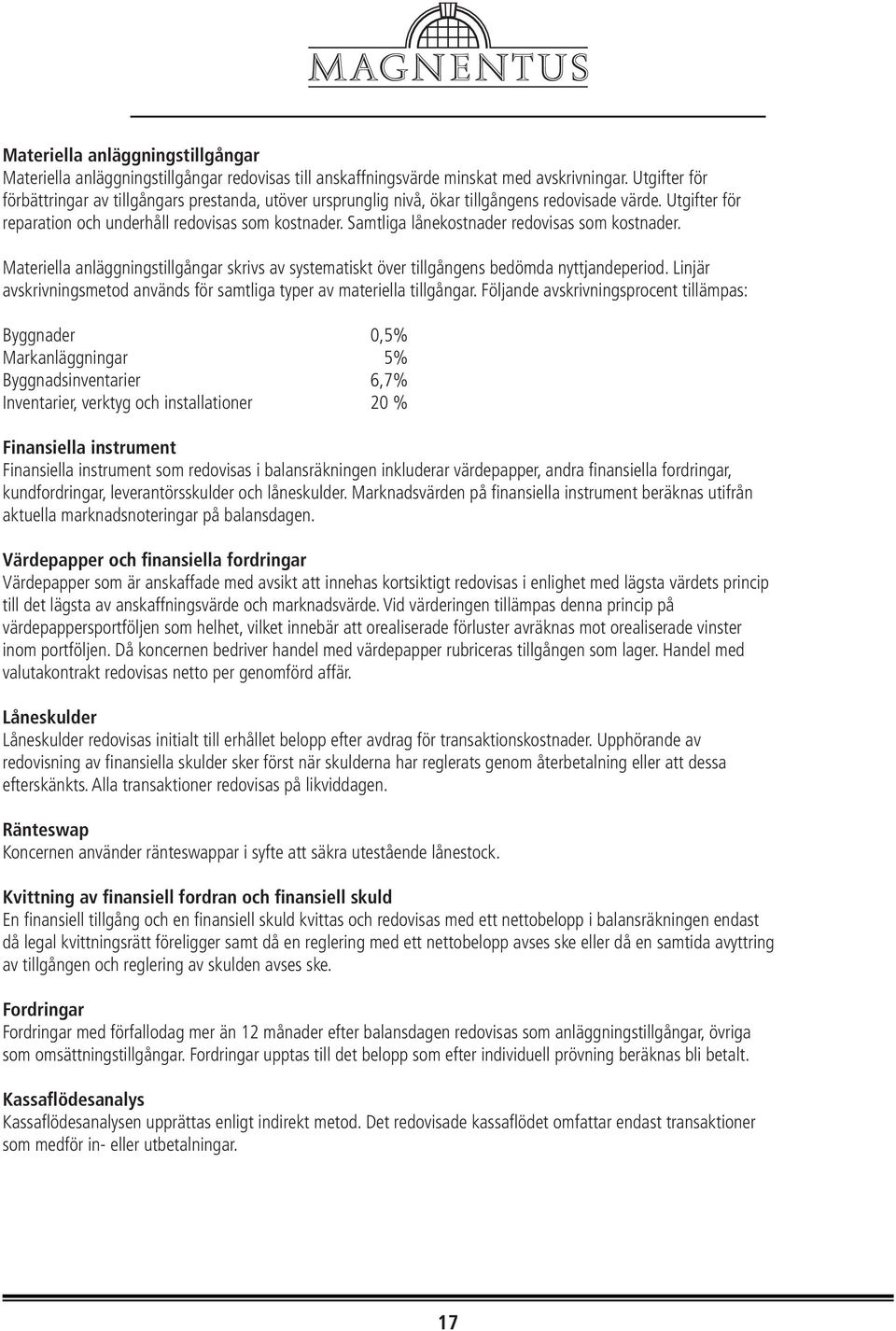 Samtliga lånekostnader redovisas som kostnader. Materiella anläggningstillgångar skrivs av systematiskt över tillgångens bedömda nyttjandeperiod.