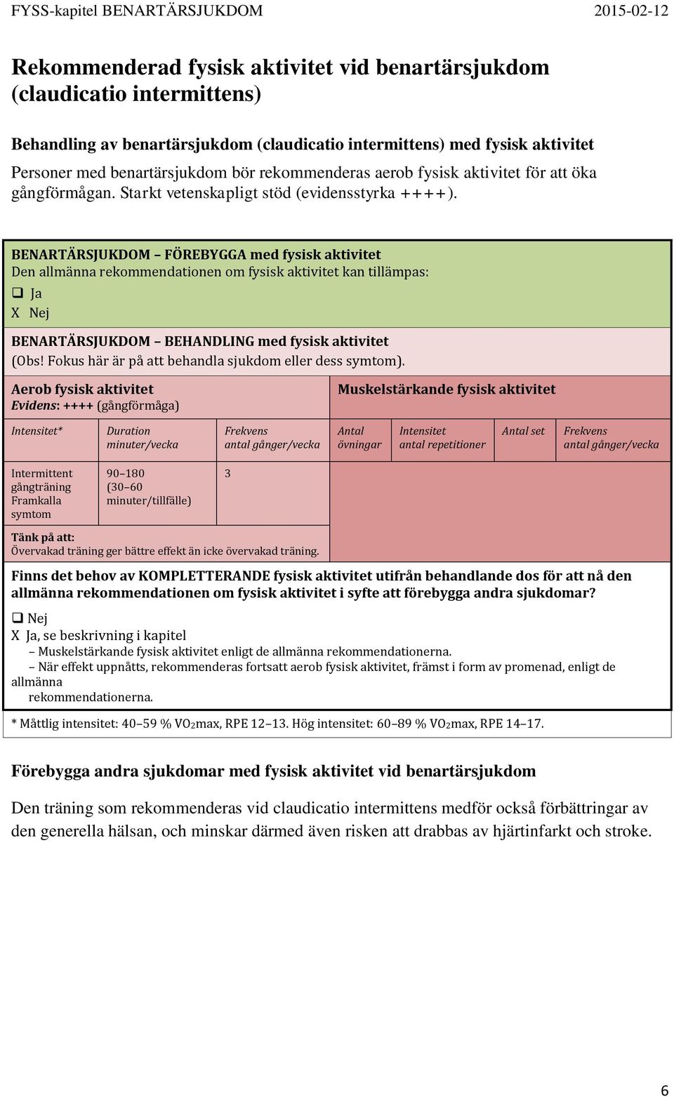 BENARTÄRSJUKDOM FÖREBYGGA med fysisk aktivitet Den allmänna rekommendationen om fysisk aktivitet kan tillämpas: Ja X Nej BENARTÄRSJUKDOM BEHANDLING med fysisk aktivitet (Obs!