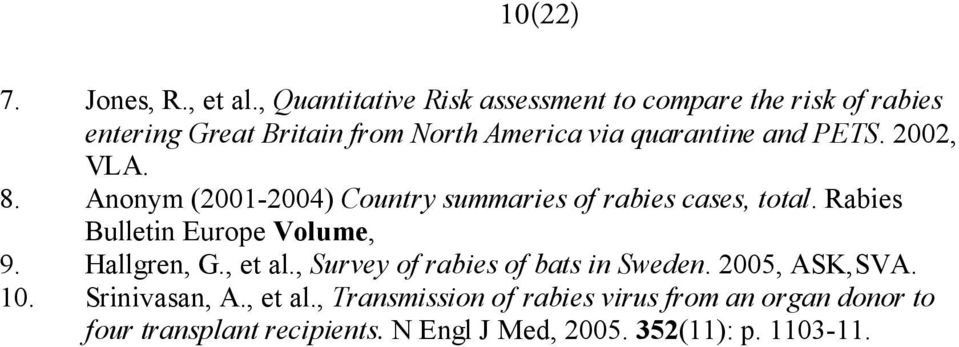 PETS. 2002, VLA. 8. Anonym (2001-2004) Country summaries of rabies cases, total. Rabies Bulletin Europe Volume, 9.