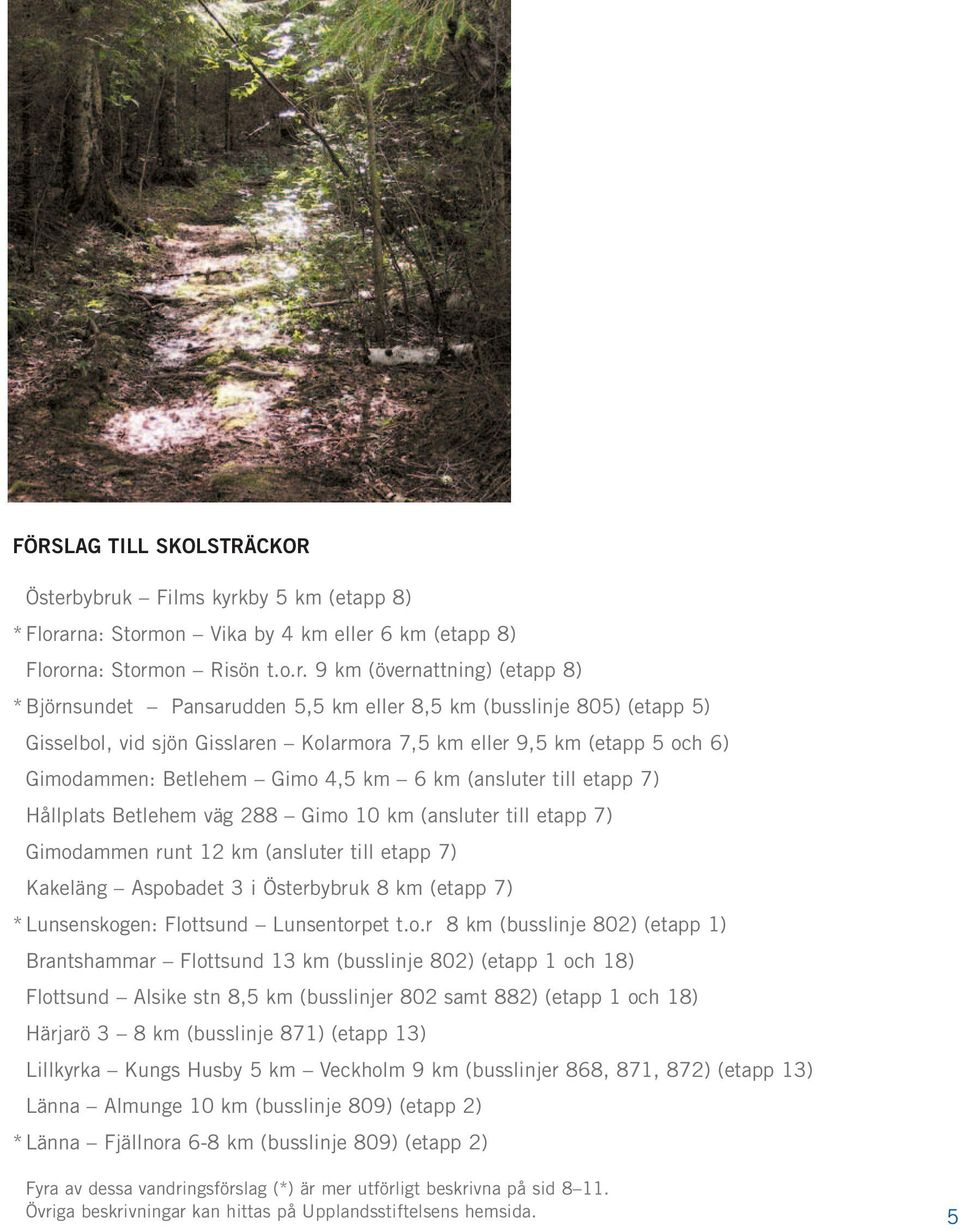(busslinje 805) (etapp 5) Gisselbol, vid sjön Gisslaren Kolarmora 7,5 km eller 9,5 km (etapp 5 och 6) Gimodammen: Betlehem Gimo 4,5 km 6 km (ansluter till etapp 7) Hållplats Betlehem väg 288 Gimo 10