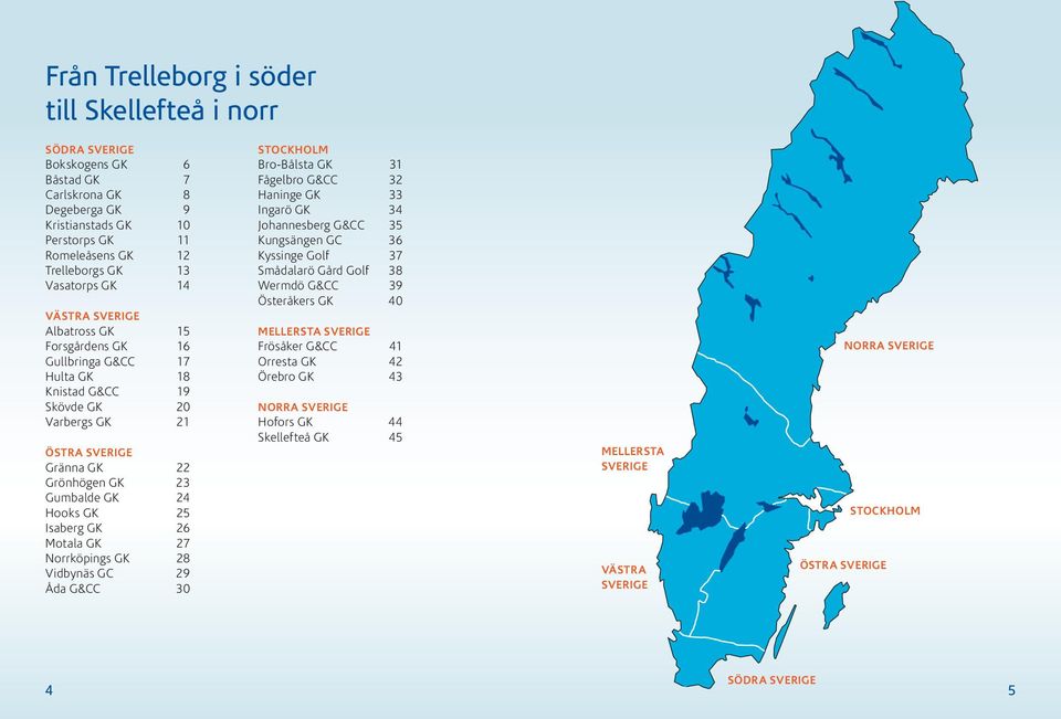 Hooks GK 25 Isaberg GK 26 Motala GK 27 Norrköpings GK 28 Vidbynäs GC 29 Åda G&CC 30 Stockholm Bro-Bålsta GK 31 Fågelbro G&CC 32 Haninge GK 33 Ingarö GK 34 Johannesberg G&CC 35 Kungsängen GC 36