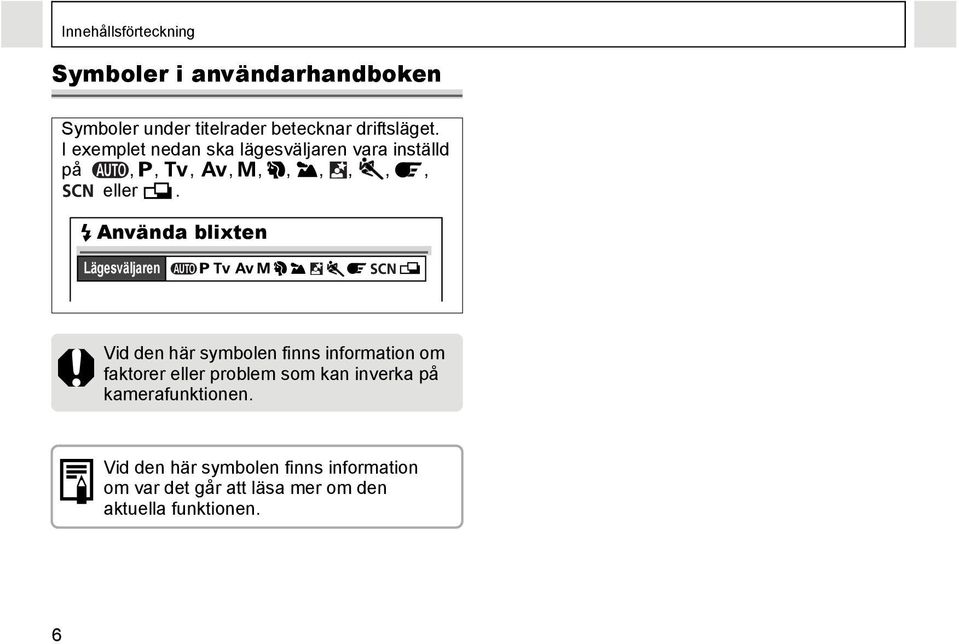 Använda blixten Lägesväljaren Vid den här symbolen finns information om faktorer eller problem som