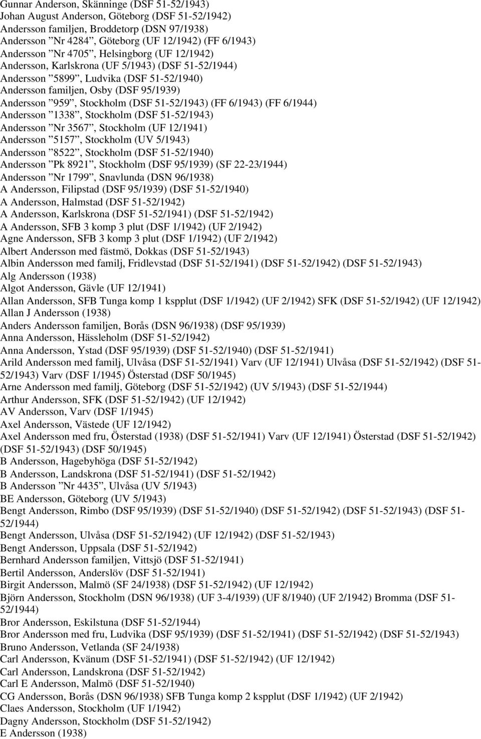 (DSF 51-52/1943) (FF 6/1943) (FF 6/1944) Andersson 1338, Stockholm (DSF 51-52/1943) Andersson Nr 3567, Stockholm (UF 12/1941) Andersson 5157, Stockholm (UV 5/1943) Andersson 8522, Stockholm (DSF
