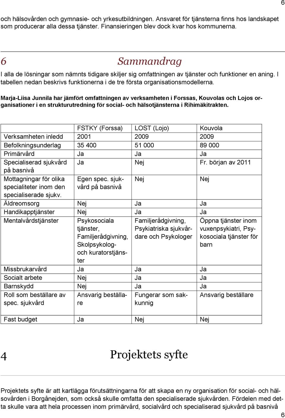 Marja-Liisa Junnila har jämfört omfattningen av verksamheten i Forssas, Kouvolas och Lojos organisationer i en strukturutredning för social- och hälsotjänsterna i Rihimäkitrakten.