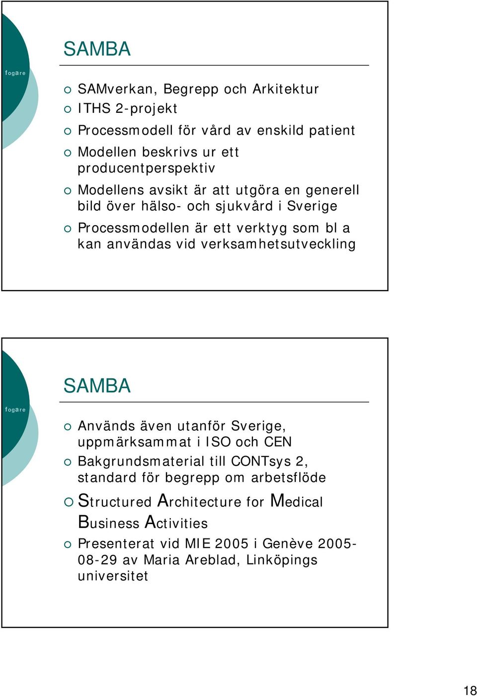 verksamhetsutveckling SAMBA Används även utanför Sverige, uppmärksammat i ISO och CEN Bakgrundsmaterial till CONTsys 2, standard för begrepp om