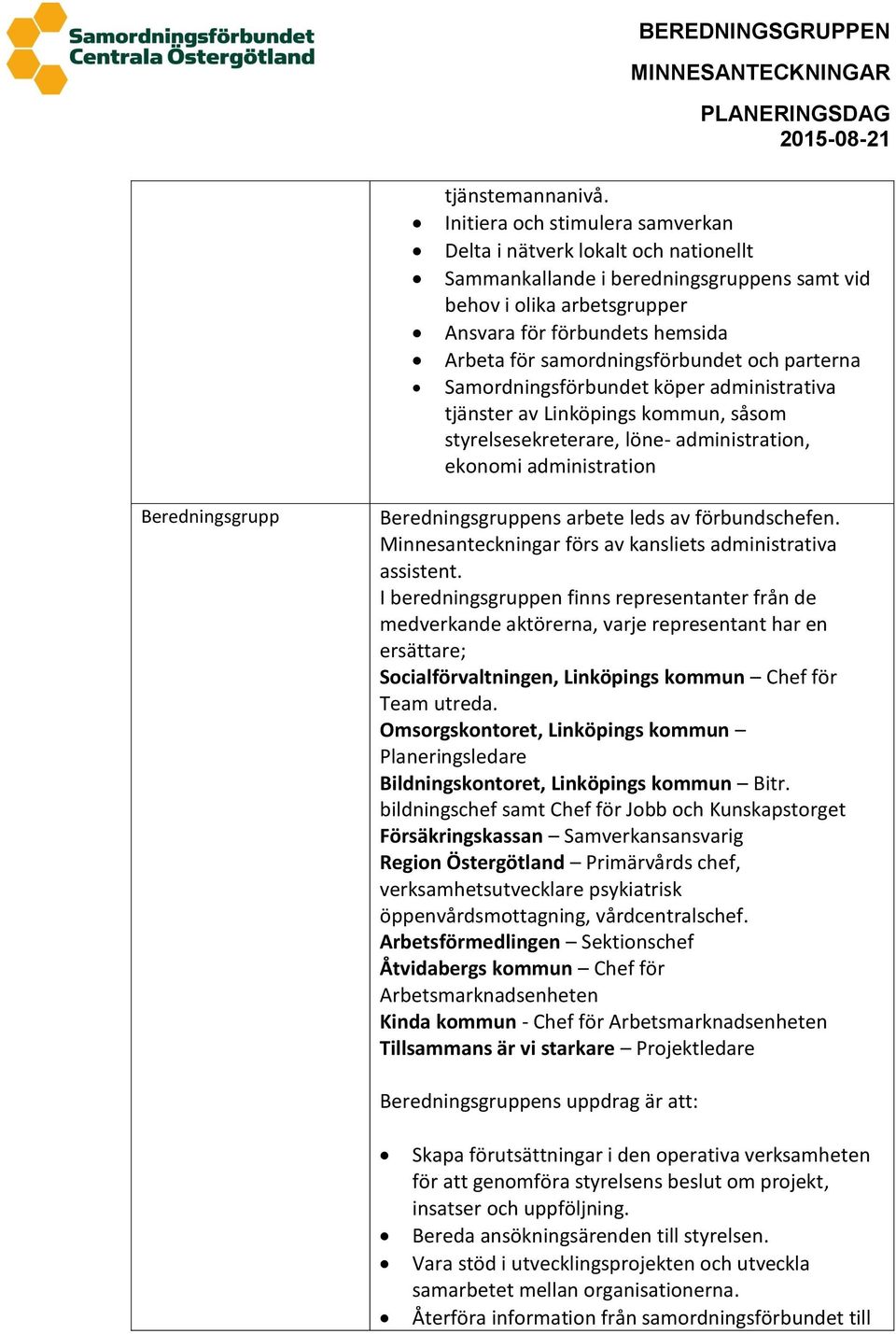 samordningsförbundet och parterna Samordningsförbundet köper administrativa tjänster av Linköpings kommun, såsom styrelsesekreterare, löne- administration, ekonomi administration Beredningsgrupp