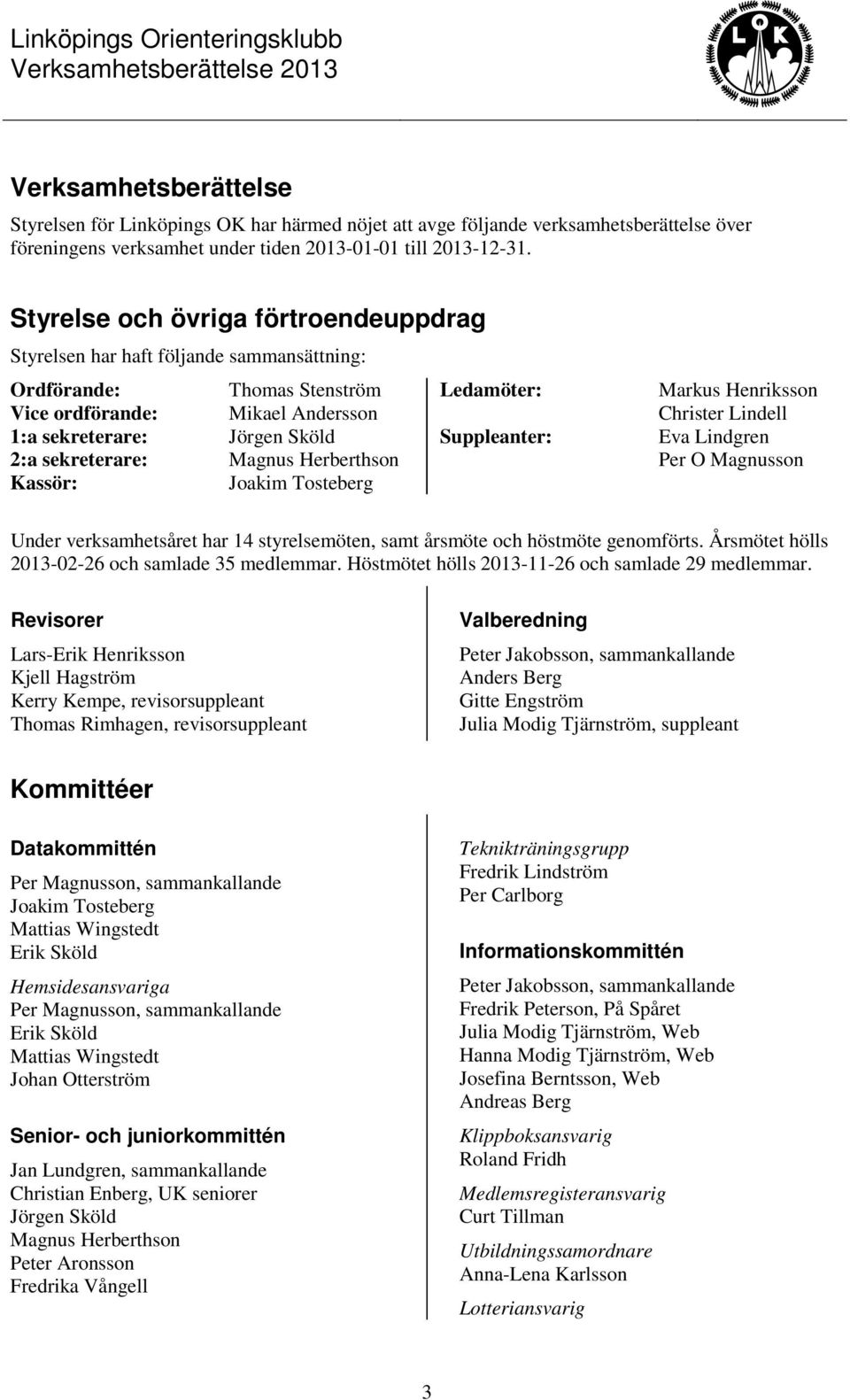 Herberthson Kassör: Joakim Tosteberg Ledamöter: Suppleanter: Markus Henriksson Christer Lindell Eva Lindgren Per O Magnusson Under verksamhetsåret har 14 styrelsemöten, samt årsmöte och höstmöte