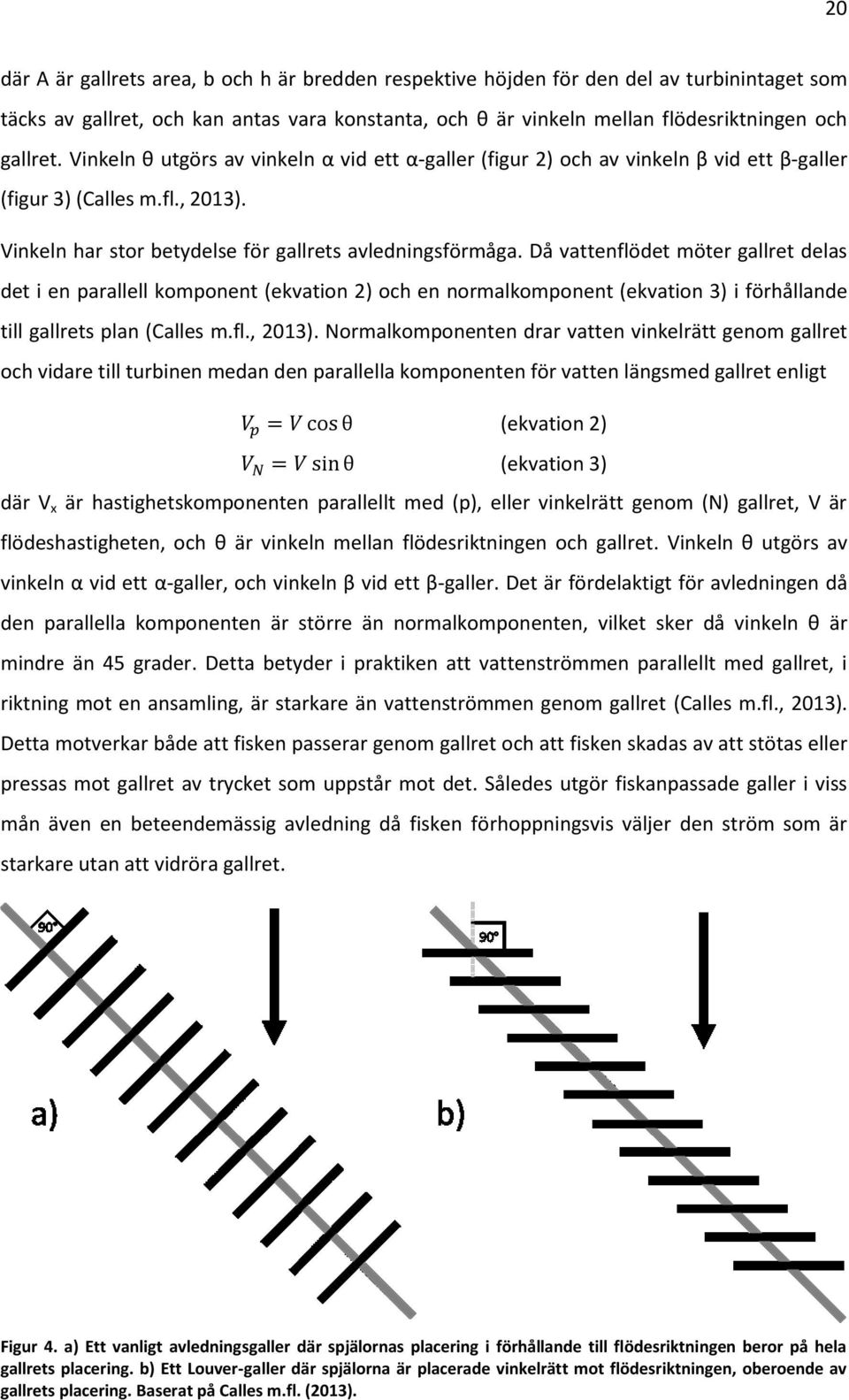 Då vattenflödet möter gallret delas det i en parallell komponent (ekvation 2) och en normalkomponent (ekvation 3) i förhållande till gallrets plan (Calles m.fl., 2013).