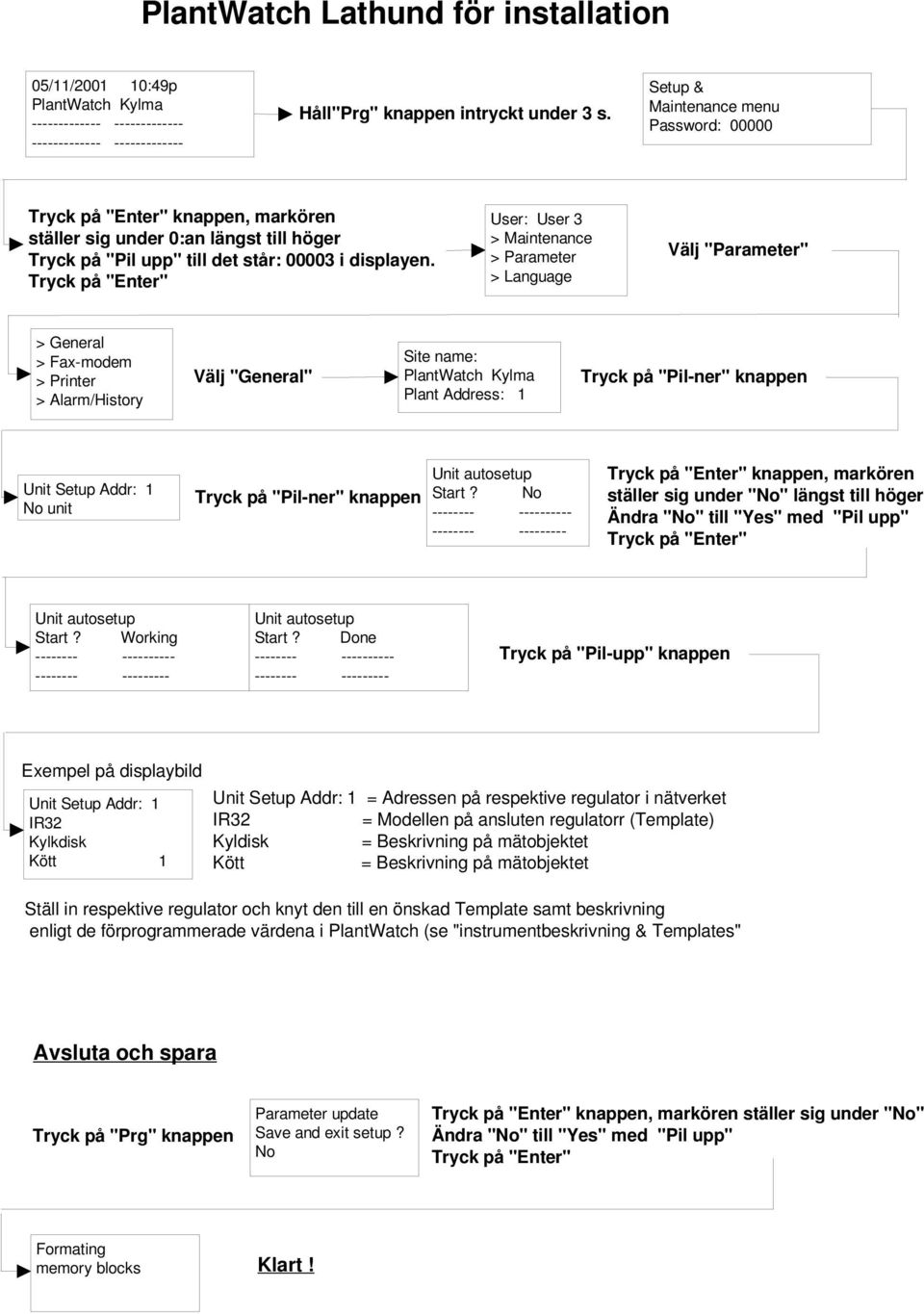 User: User 3 > Maintenance > Parameter > Language Välj "Parameter" > General > Fax-modem > Printer > Alarm/History Välj "General" Site name: Plant Address: 1 Tryck på "Pil-ner" knappen Unit Setup