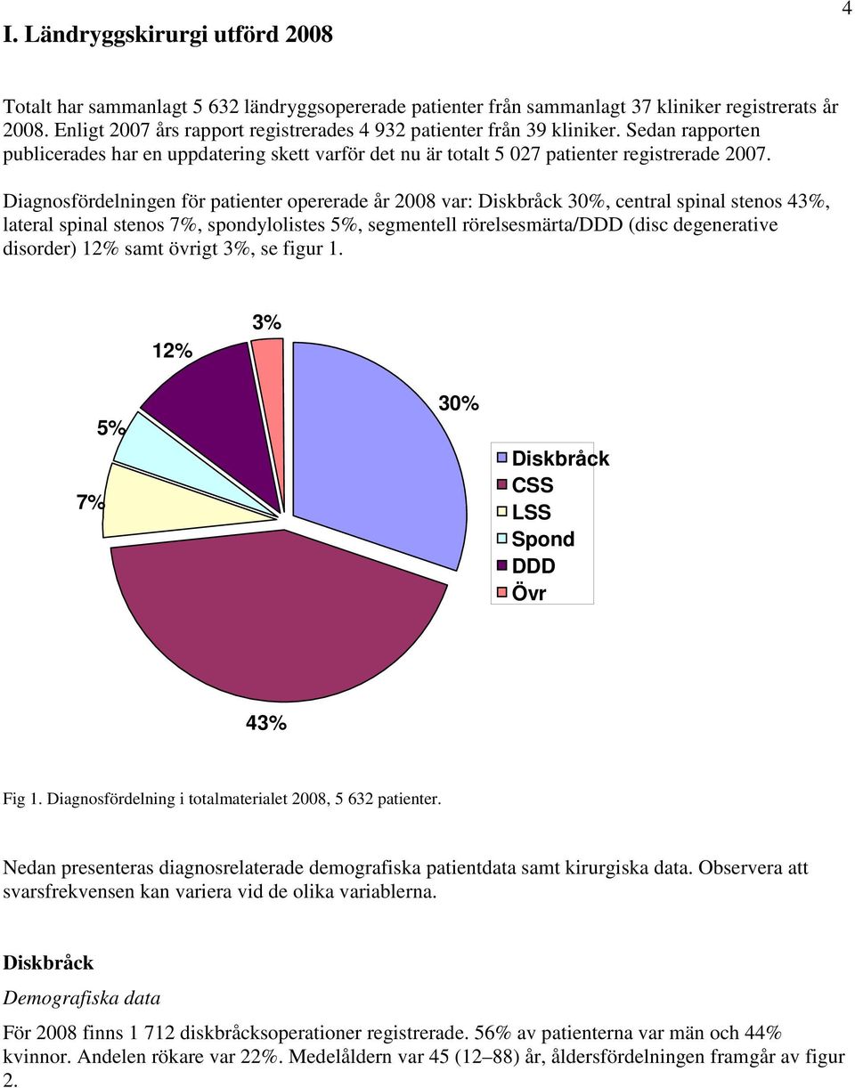 Diagnosfördelningen för patienter opererade år 28 var: Diskbråck 3%, central spinal stenos 43%, lateral spinal stenos 7%, spondylolistes 5%, segmentell rörelsesmärta/ddd (disc degenerative disorder)