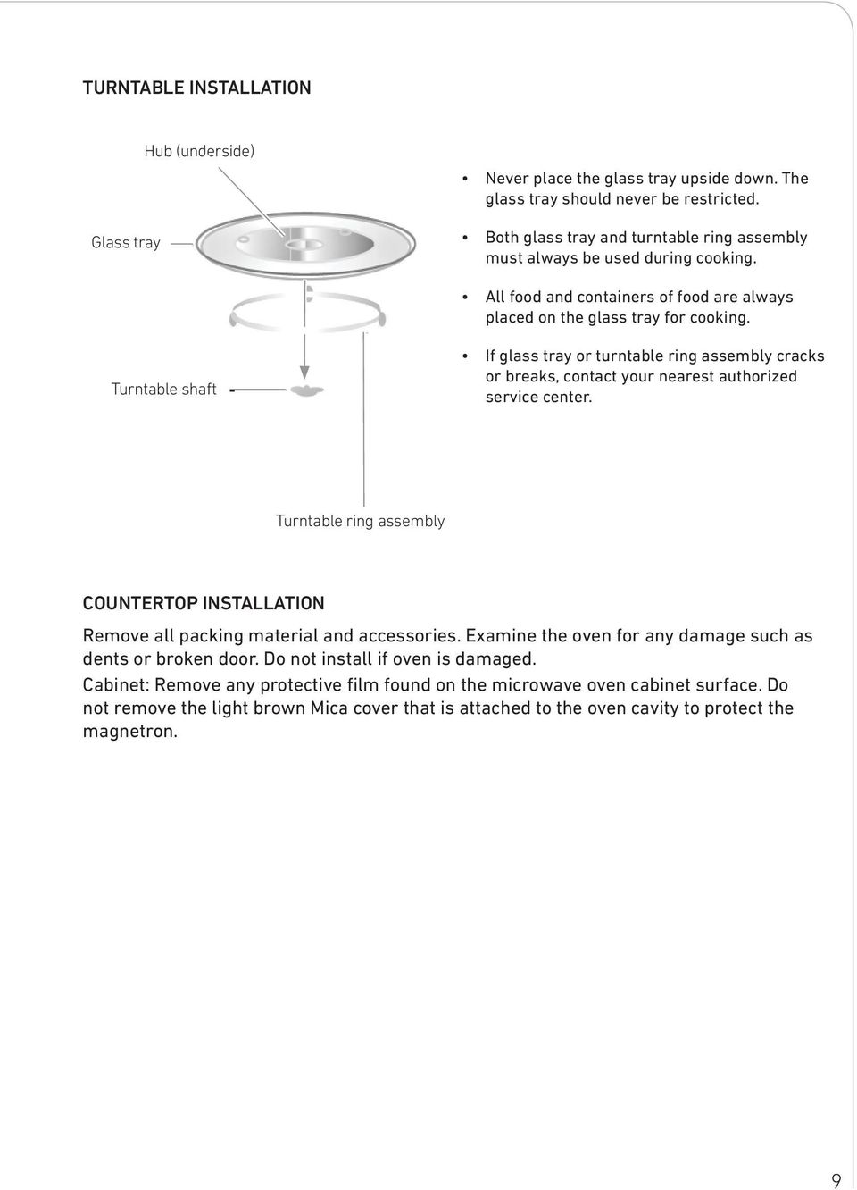 Turntable shaft If glass tray or turntable ring assembly cracks or breaks, contact your nearest authorized service center.