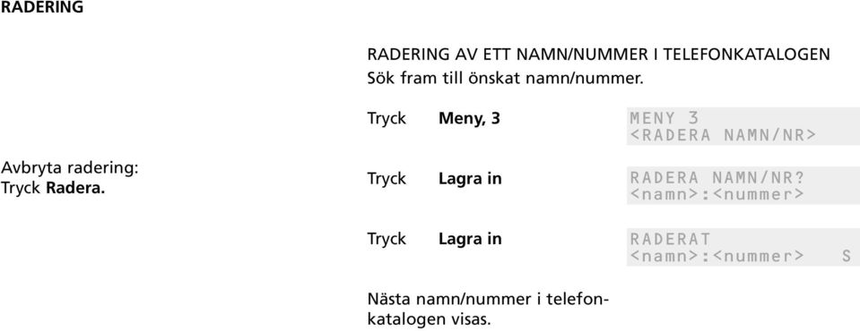 Meny, 3 MENY 3 <RADERA NAMN/NR> Avbryta radering: Radera.