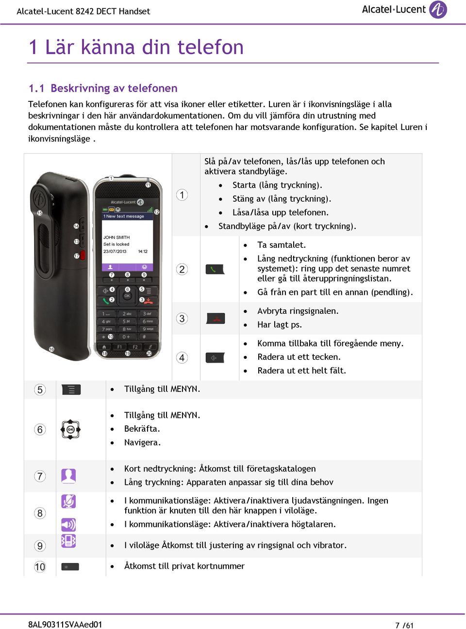 Slå på/av telefonen, lås/lås upp telefonen och aktivera standbyläge. Starta (lång tryckning). Stäng av (lång tryckning). Låsa/låsa upp telefonen. Standbyläge på/av (kort tryckning). Ta samtalet.