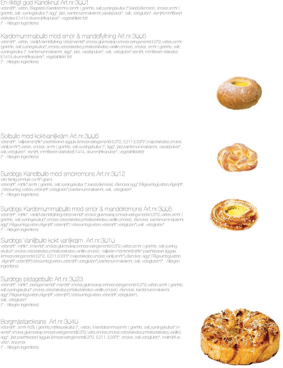 vetegluten*, rismjöl,modifierad stärkelse E1414,skummjölkspulver*, vegetabiliskt fett Kardemummabulle med smör & mandelfyllning Art.nr.