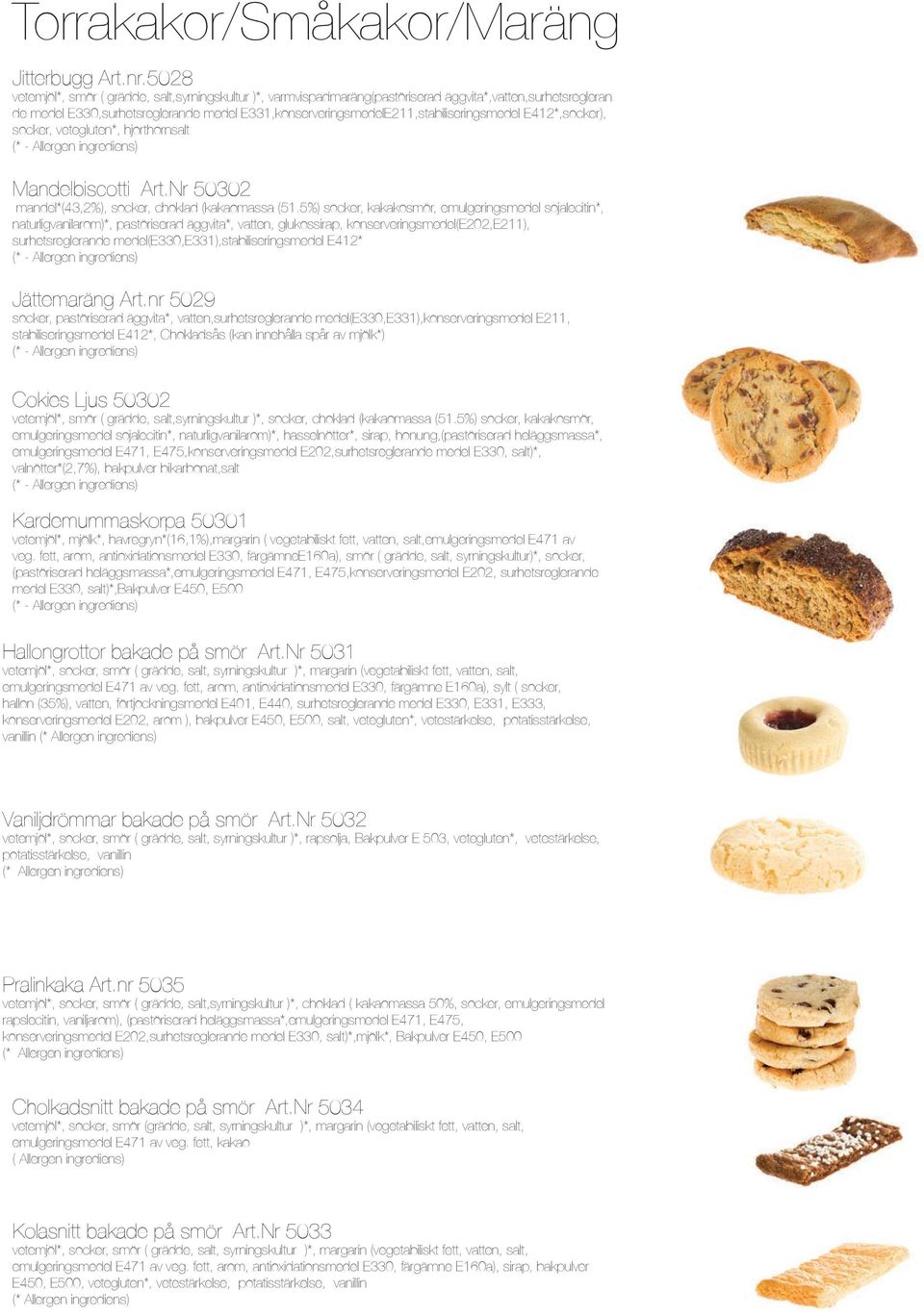 E331,konserveringsmedelE211,stabiliseringsmedel E412*,socker), socker, vetegluten*, hjorthornsalt Mandelbiscotti Art.Nr 50302 mandel*(43,2%), socker, choklad (kakaomassa (51.