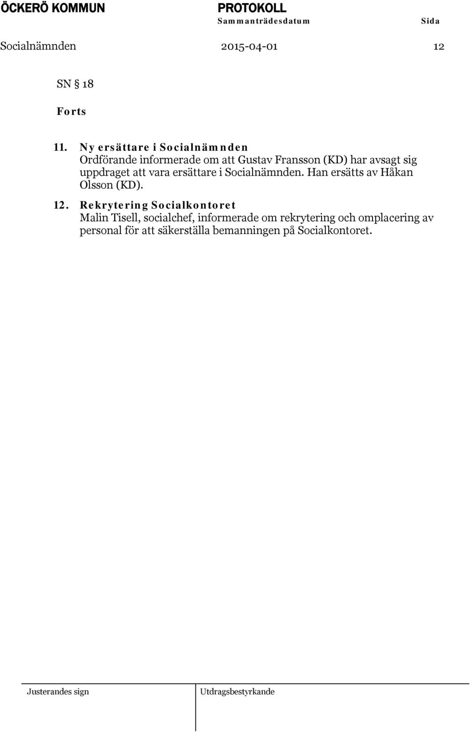 uppdraget att vara ersättare i Socialnämnden. Han ersätts av Håkan Olsson (KD). 12.