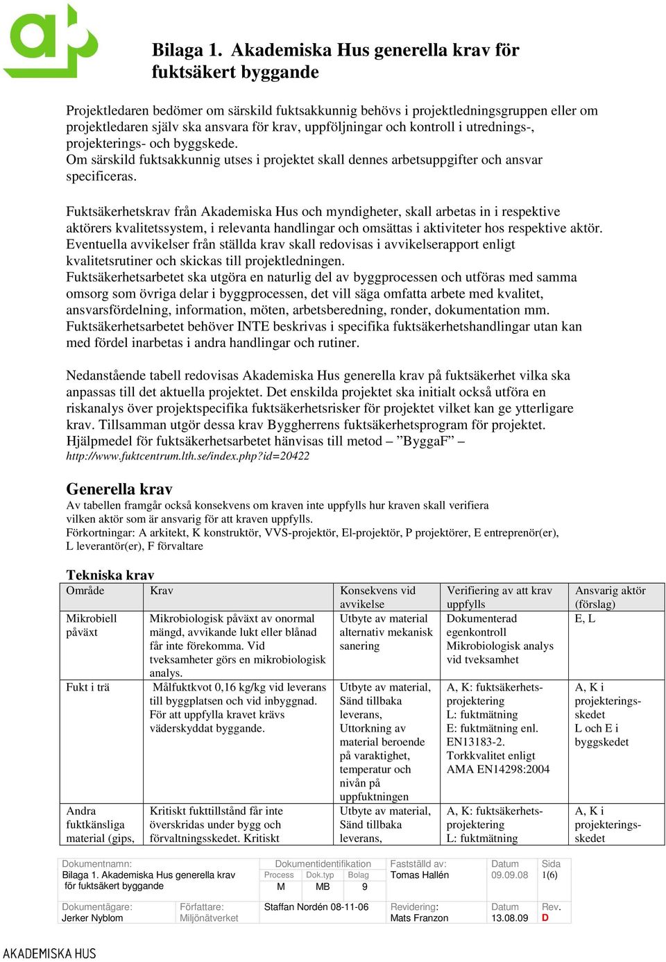 Fuktsäkerhetskrav från Akademiska Hus och myndigheter, skall arbetas in i respektive aktörers kvalitetssystem, i relevanta handlingar och omsättas i aktiviteter hos respektive aktör.