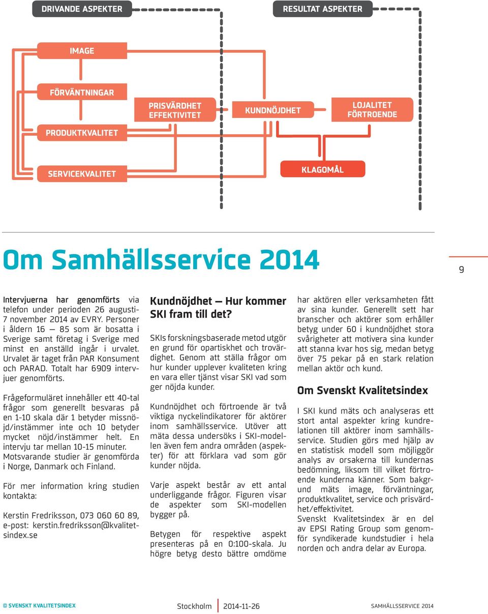 Frågeformuläret innehåller ett 40-tal frågor som generellt besvaras på en 1-10 skala där 1 betyder missnöjd/instämmer inte och 10 betyder mycket nöjd/instämmer helt.