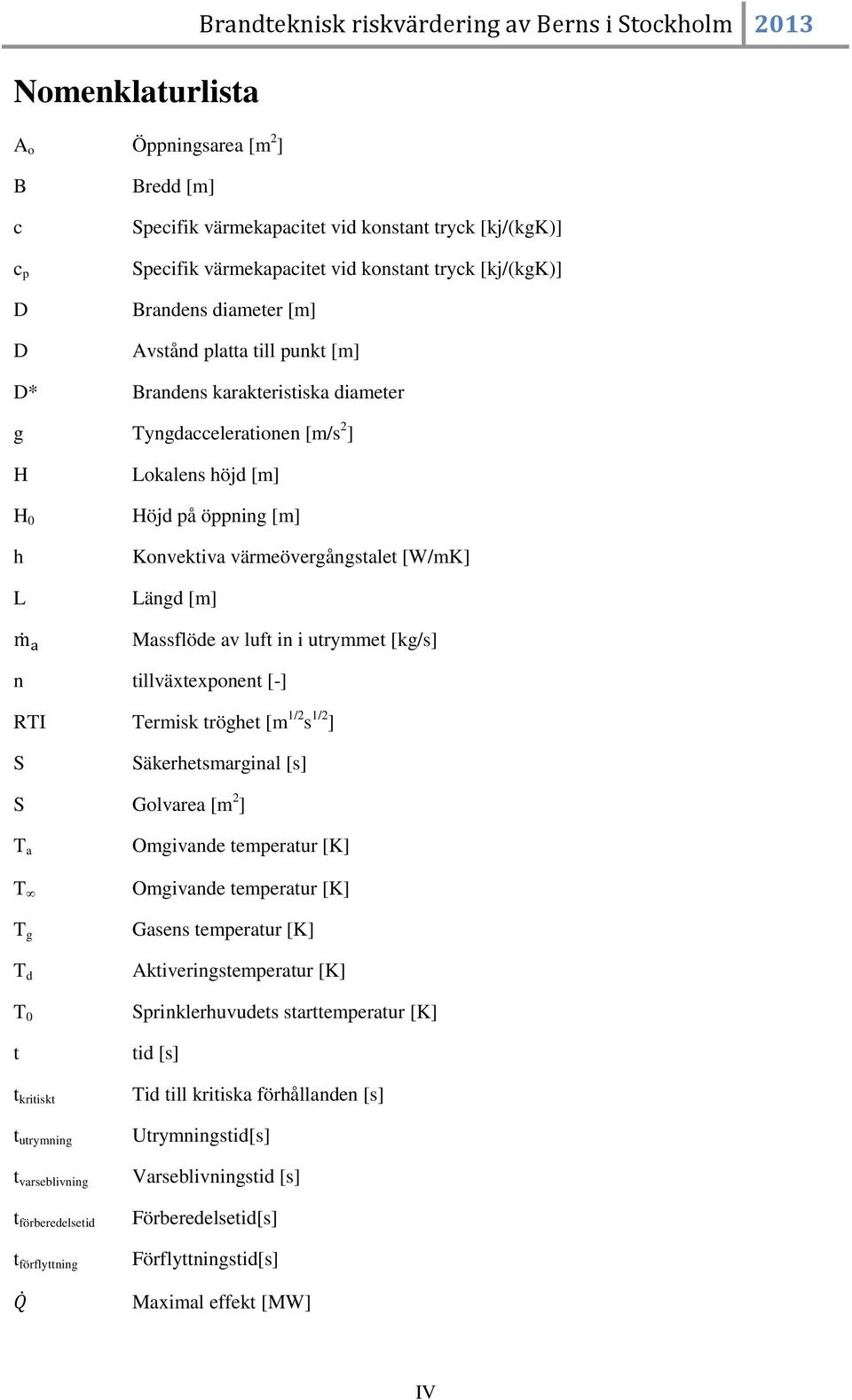 Konvektiva värmeövergångstalet [W/mK] Längd [m] Massflöde av luft in i utrymmet [kg/s] n tillväxtexponent [-] RTI Termisk tröghet [m 1/2 s 1/2 ] S Säkerhetsmarginal [s] S Golvarea [m 2 ] T a T T g T