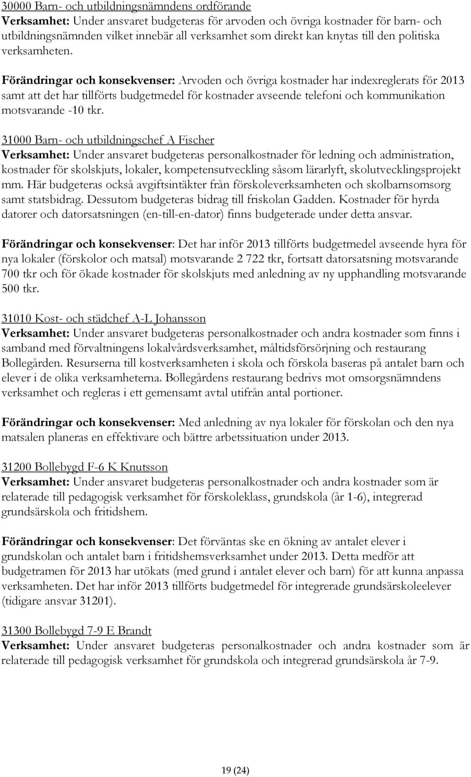 Förändringar och konsekvenser: Arvoden och övriga kostnader har indexreglerats för 2013 samt att det har tillförts budgetmedel för kostnader avseende telefoni och kommunikation motsvarande -10 tkr.