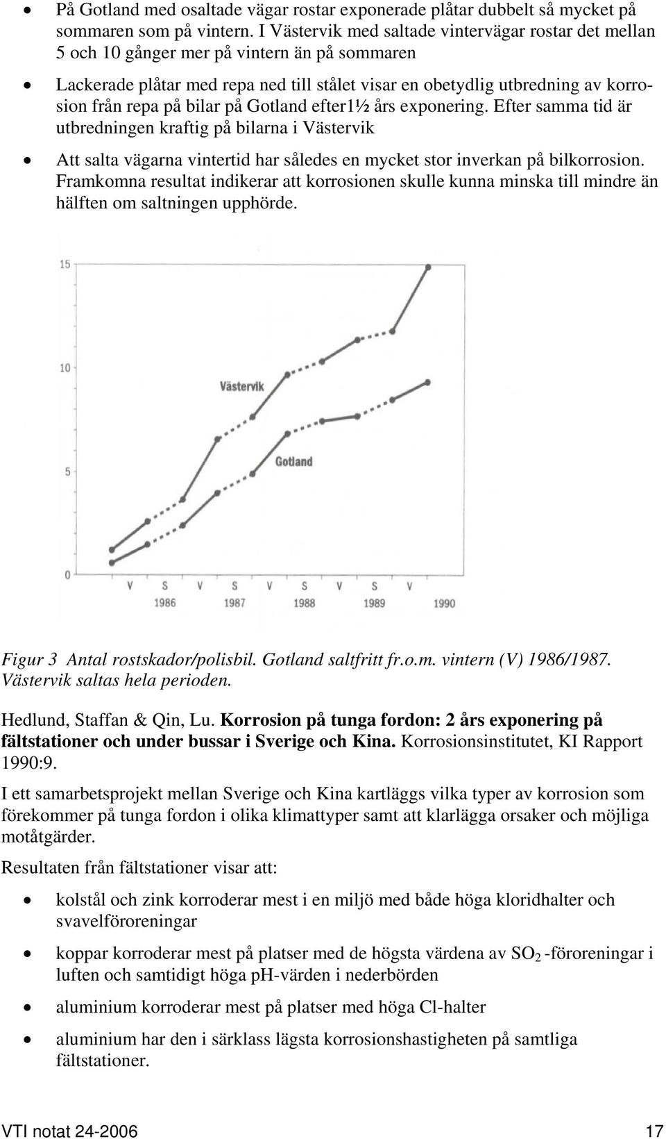 bilar på Gotland efter1½ års exponering. Efter samma tid är utbredningen kraftig på bilarna i Västervik Att salta vägarna vintertid har således en mycket stor inverkan på bilkorrosion.