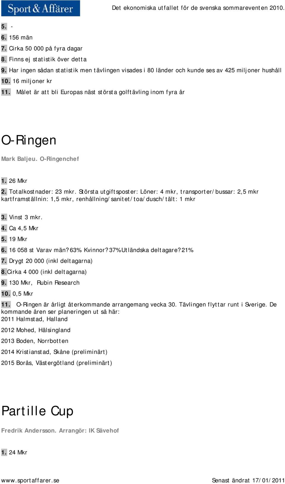 Största utgiftsposter: Löner: 4 mkr, transporter/bussar: 2,5 mkr kartframställnin: 1,5 mkr, renhållning/sanitet/toa/dusch/tält: 1 mkr 3. Vinst 3 mkr. 4. Ca 4,5 Mkr 5. 19 Mkr 6. 16 058 st Varav män?