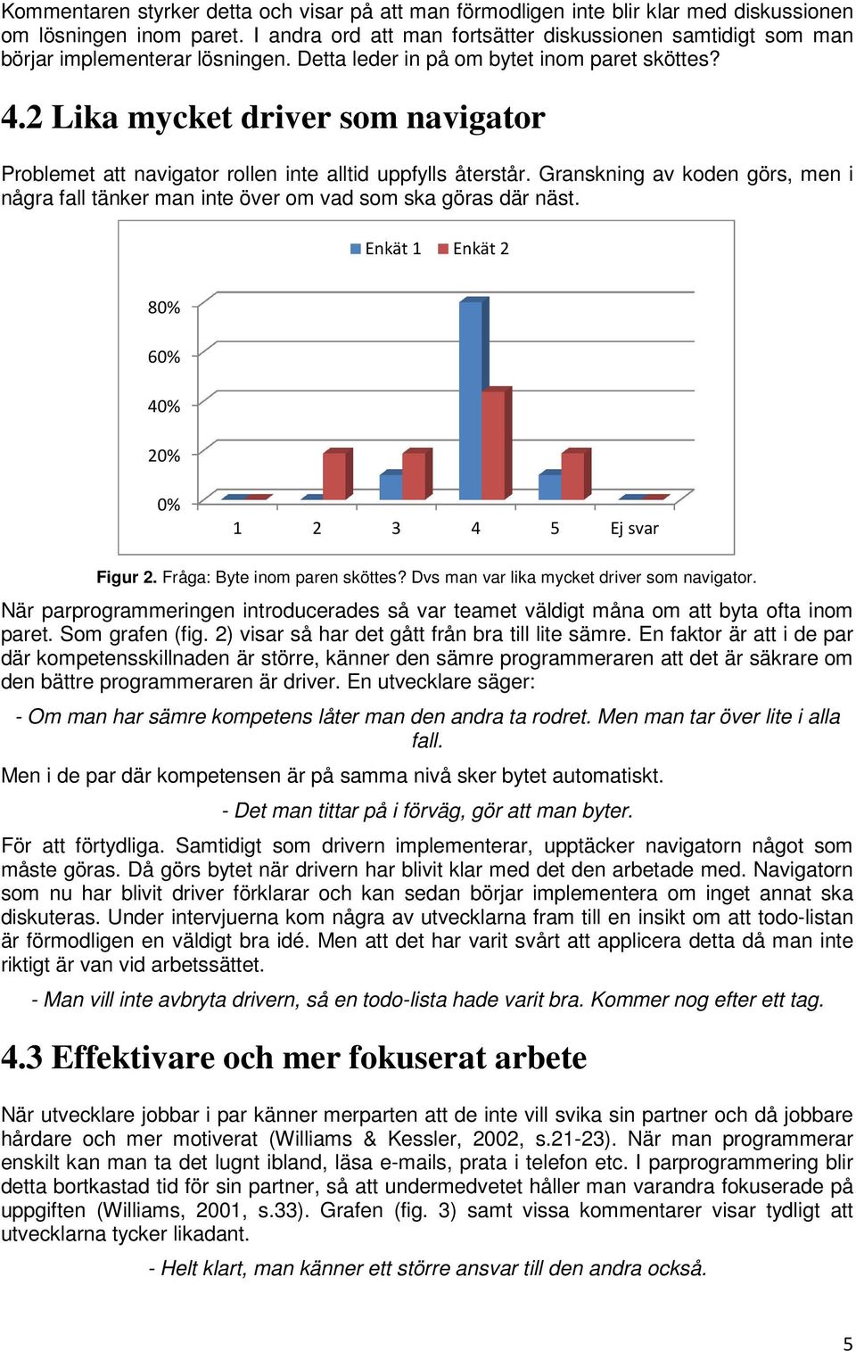 2 Lika mycket driver som navigator Problemet att navigator rollen inte alltid uppfylls återstår. Granskning av koden görs, men i några fall tänker man inte över om vad som ska göras där näst.