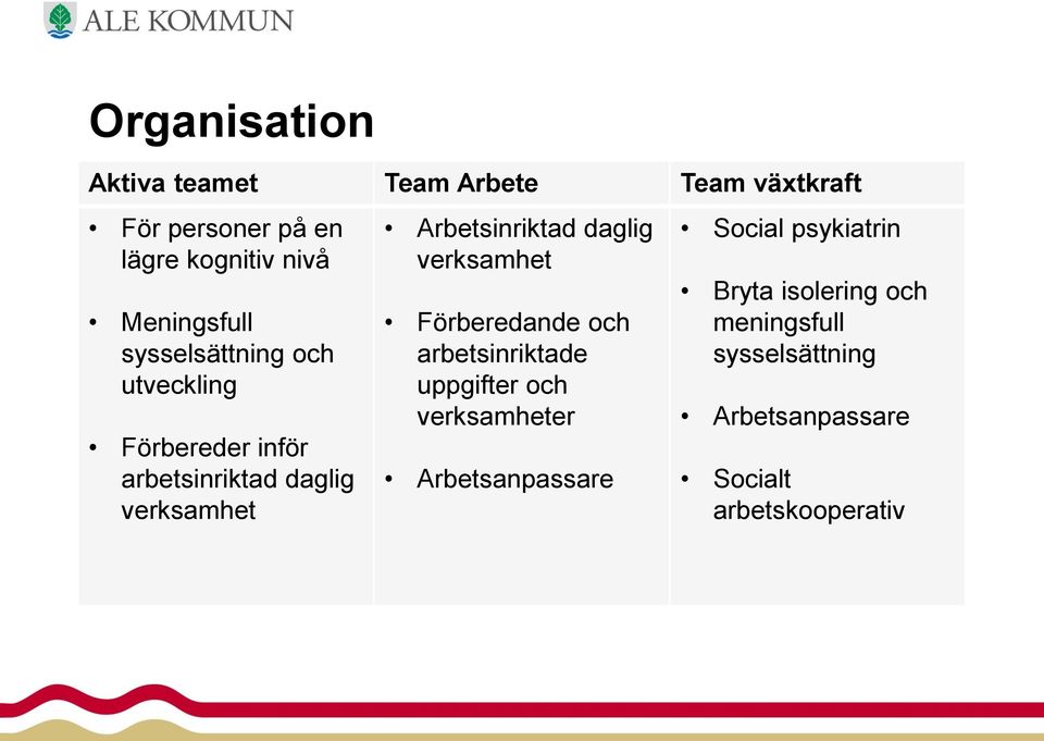 Arbetsinriktad daglig verksamhet Förberedande och arbetsinriktade uppgifter och verksamheter