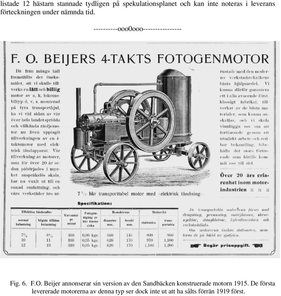 F.O. Beijer annonserar sin version av den Sandbäcken konstruerade motorn 1915.